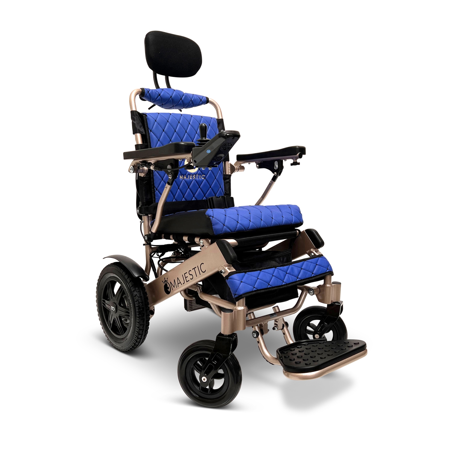 MAJESTIC IQ-9000 Airline Approved Luxury Electric Wheelchair | Auto Recline, LCD Joystick, Foldable, Up to 30 KM Range, Ultra-Light | 17’’ Seat Width, Bronze Frame, Blue Textile