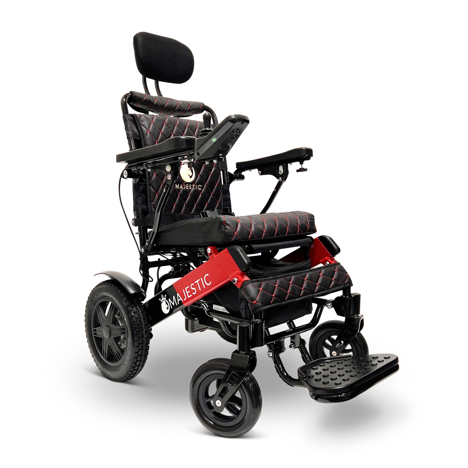 MAJESTIC IQ-9000 Airline Approved Luxury Electric Wheelchair | Auto Recline, LCD Joystick, Foldable, Up to 30 KM Range, Ultra-Light | 17’’ Seat Width, Red Frame, Black Textile