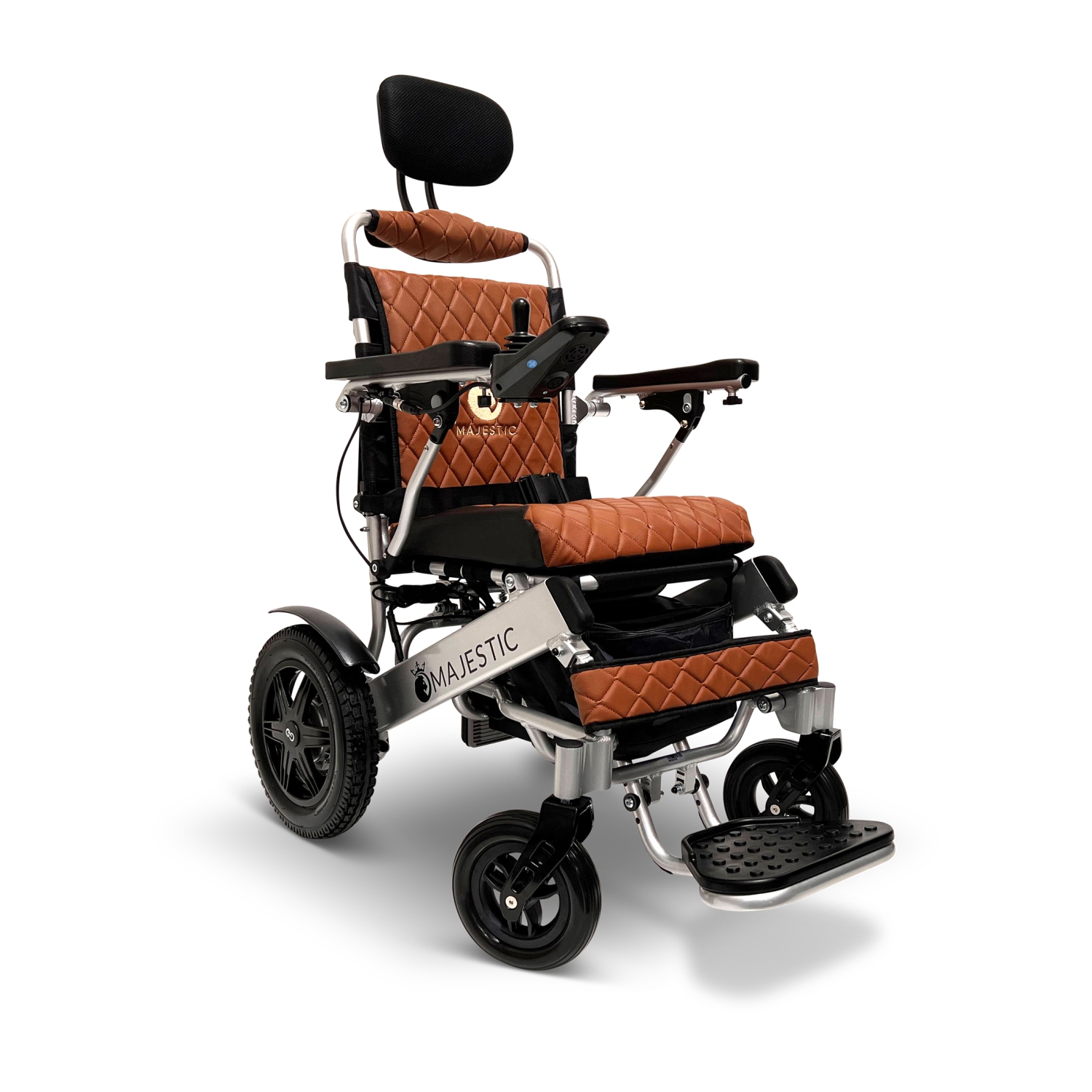 MAJESTIC IQ-9000 Airline Approved Luxury Electric Wheelchair | Auto Recline, LCD Joystick, Foldable, Up to 30 KM Range, Ultra-Light | 17’’ Seat Width, Silver Frame, Taba Textile
