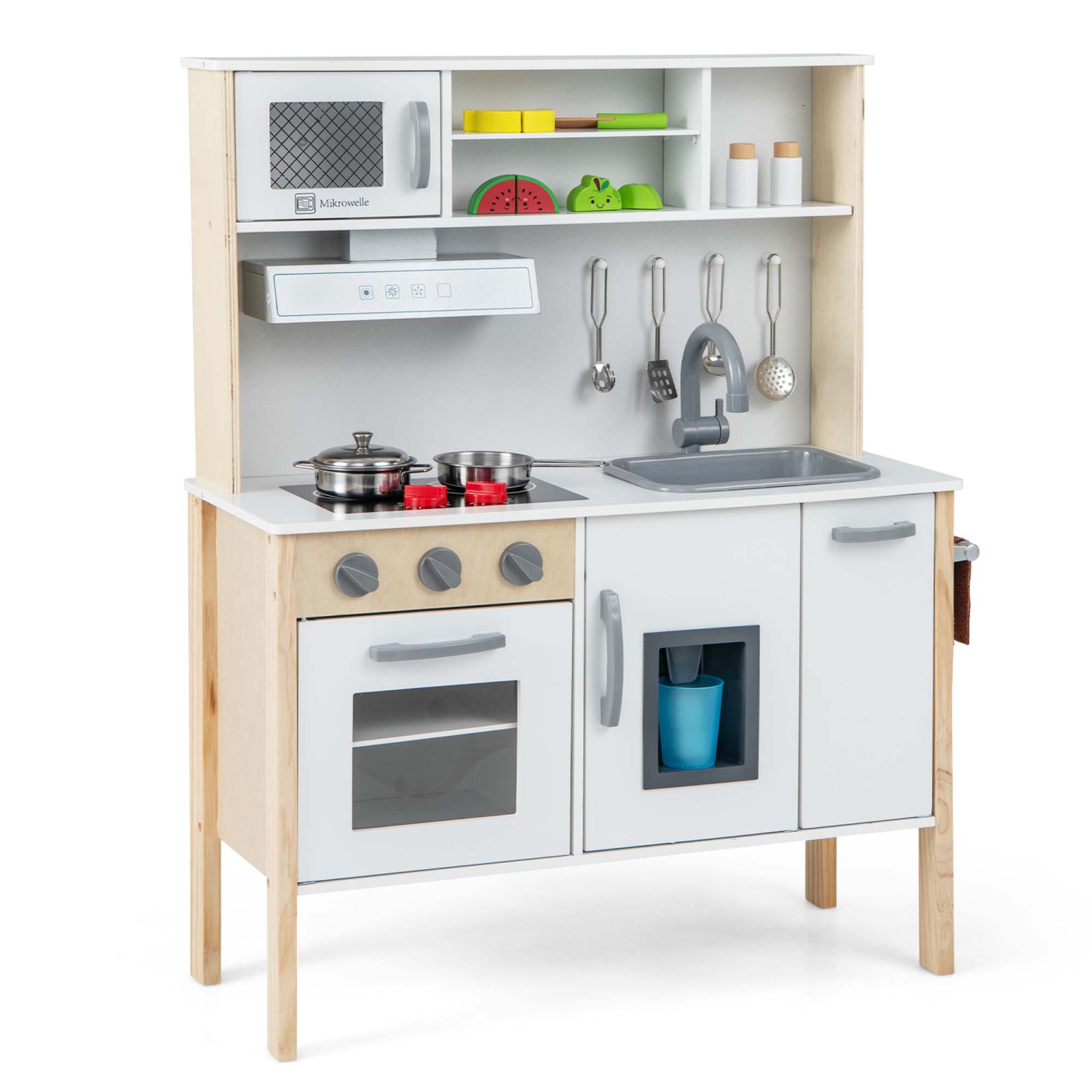 Ensemble de cuisine en bois de Costway pour enfants jouet de chef factice avec four à micro-ondes et accessoires