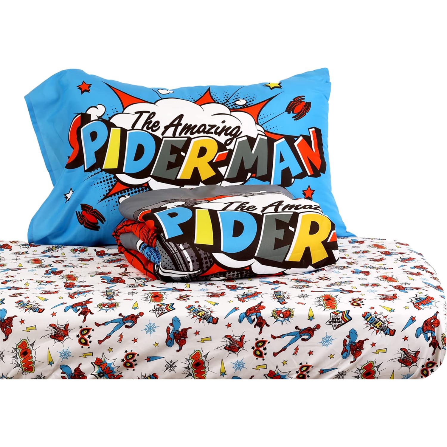 Ensemble de draps pour enfants Marvel Spider-Man Comic - Ensemble de literie de 3 pièces - douillette, drap-housse et taie d'oreiller