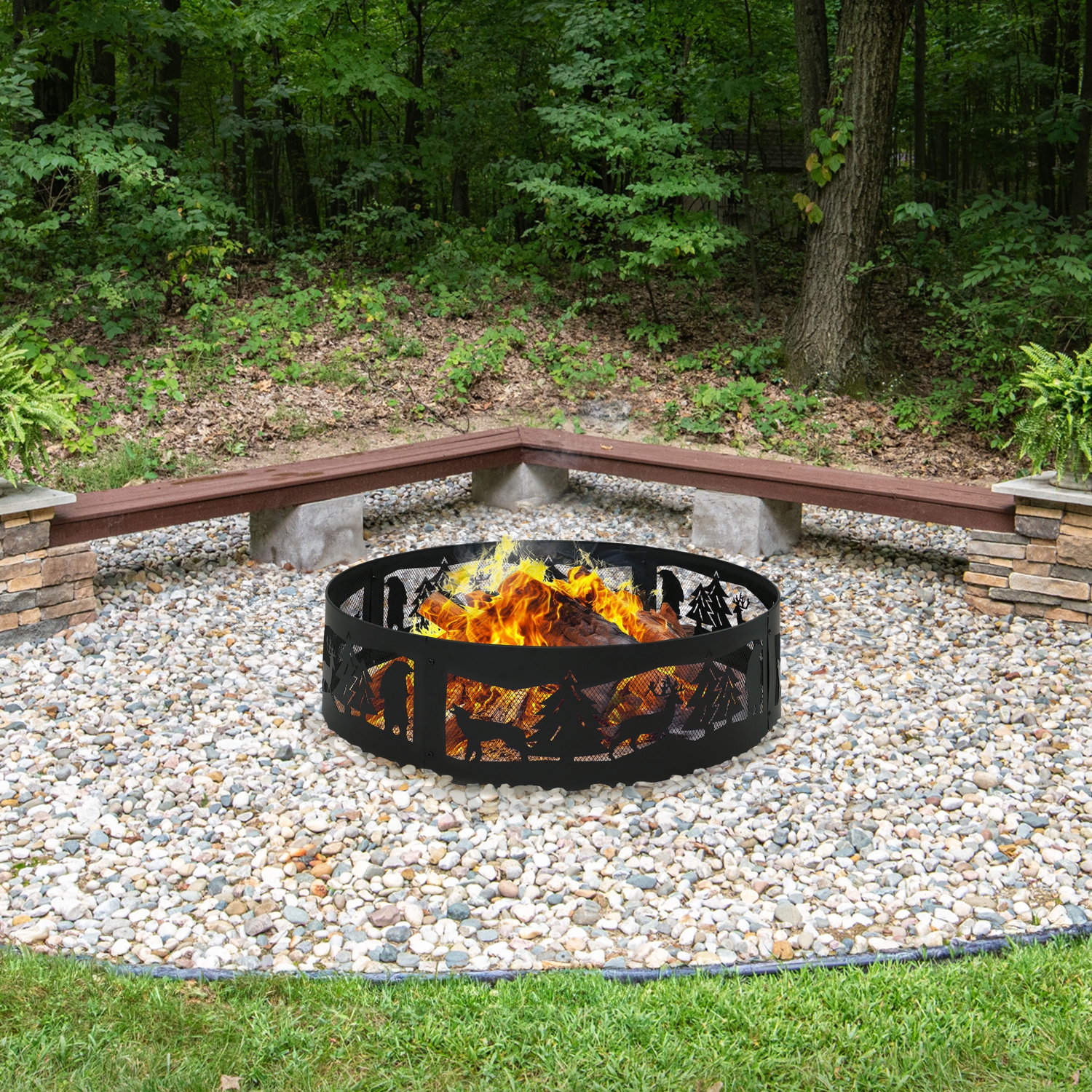 Sunnydaze 36 in Forest Wilderness Steel Fire Pit Ring - Black