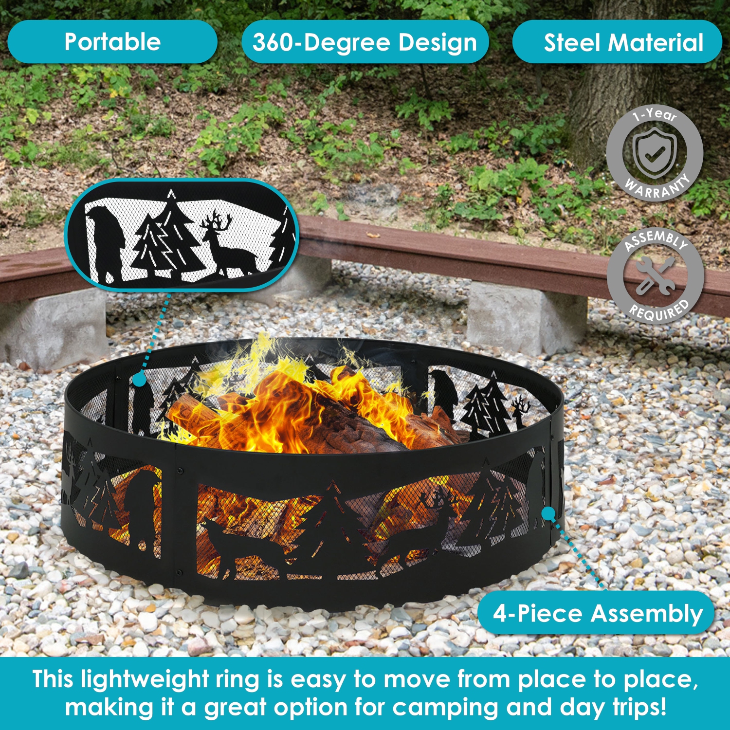 Sunnydaze 36 in Forest Wilderness Steel Fire Pit Ring - Black