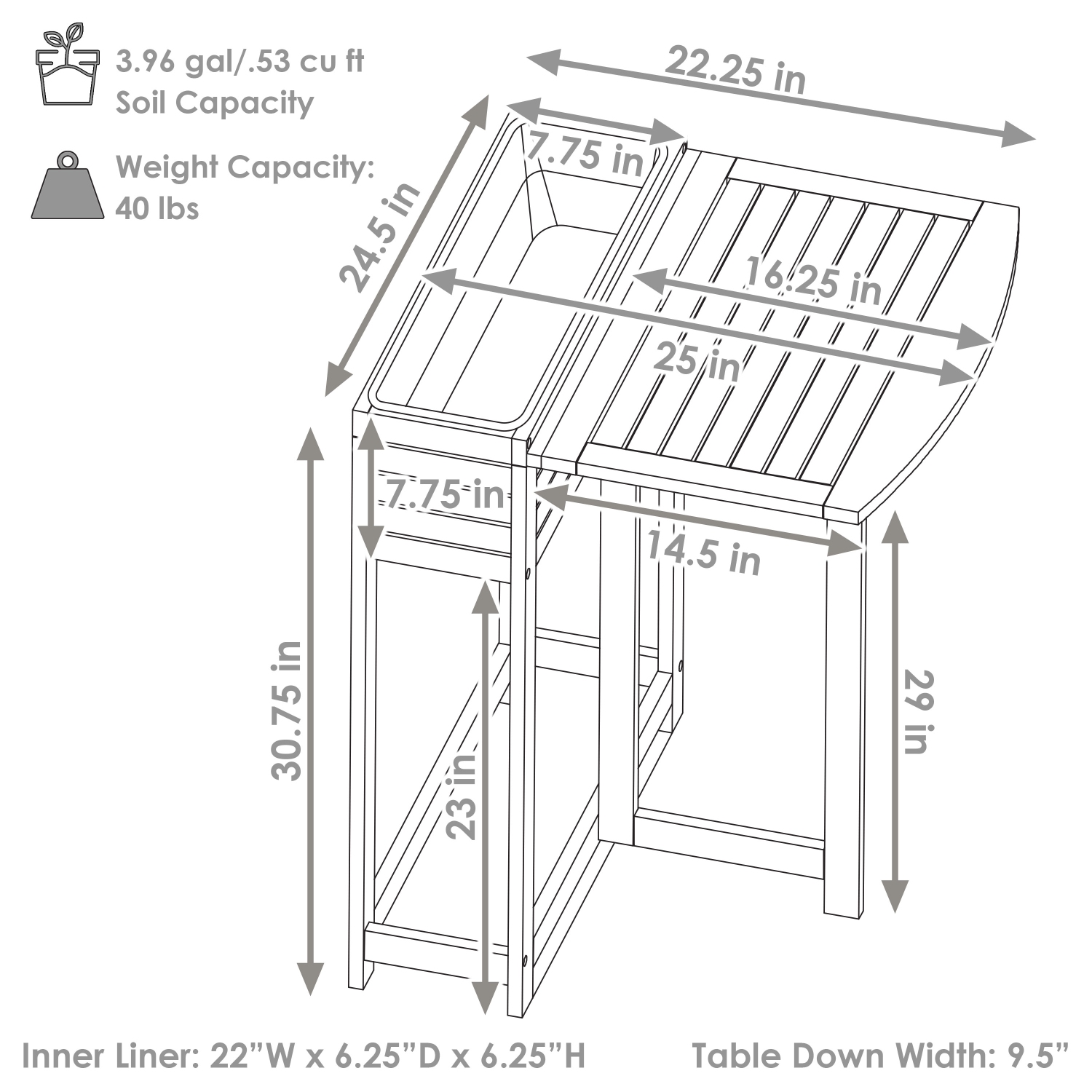 Sunnydaze Acacia Wood Folding Table with Planter Box - 30.5" H - Gray