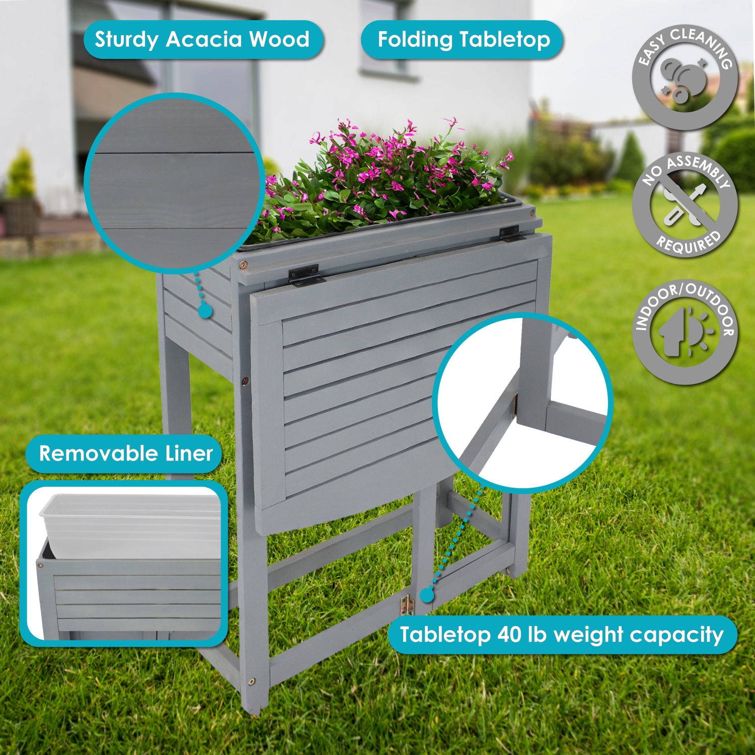 Sunnydaze Acacia Wood Folding Table with Planter Box - 30.5" H - Gray