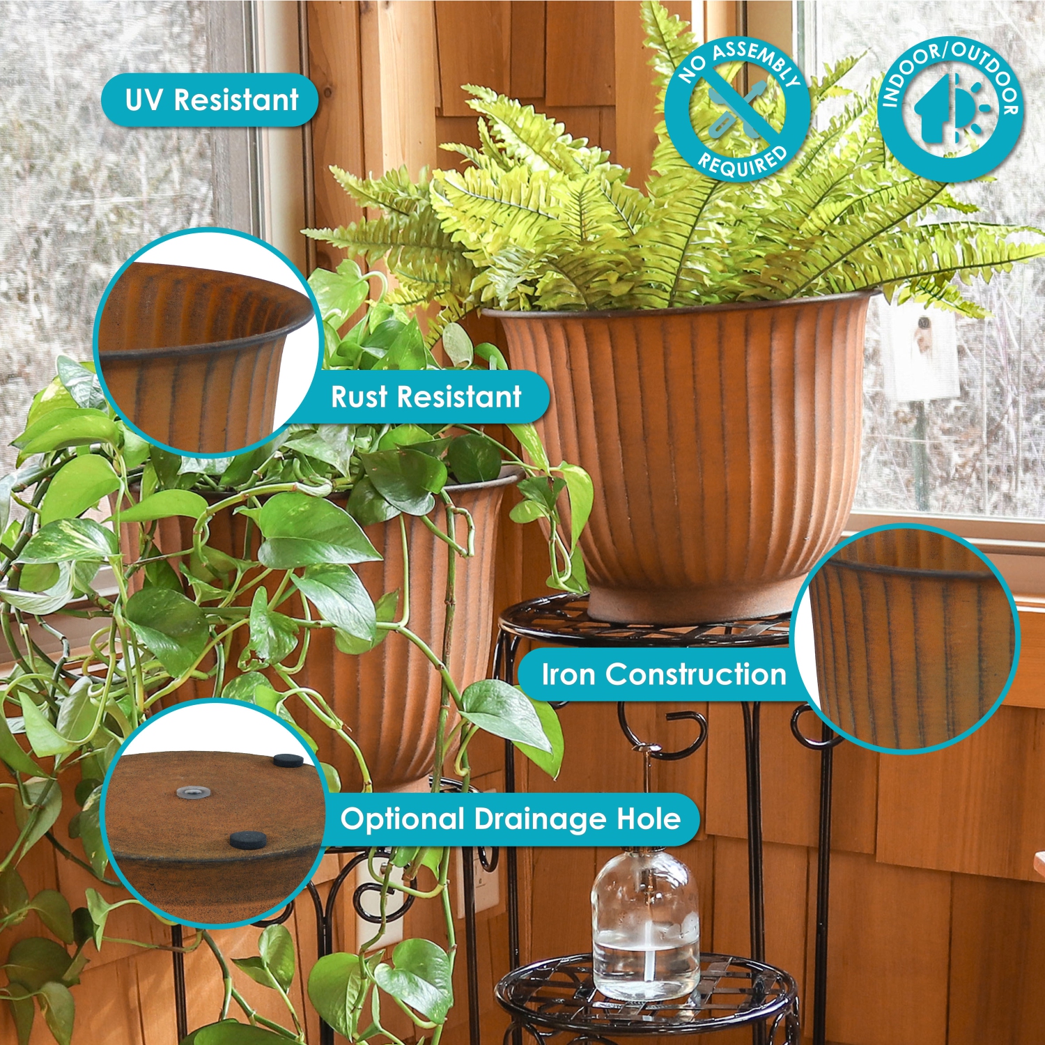 Sunnydaze Carlotta Metal Planter - 14.75 in - Matte Brown - Set of 2