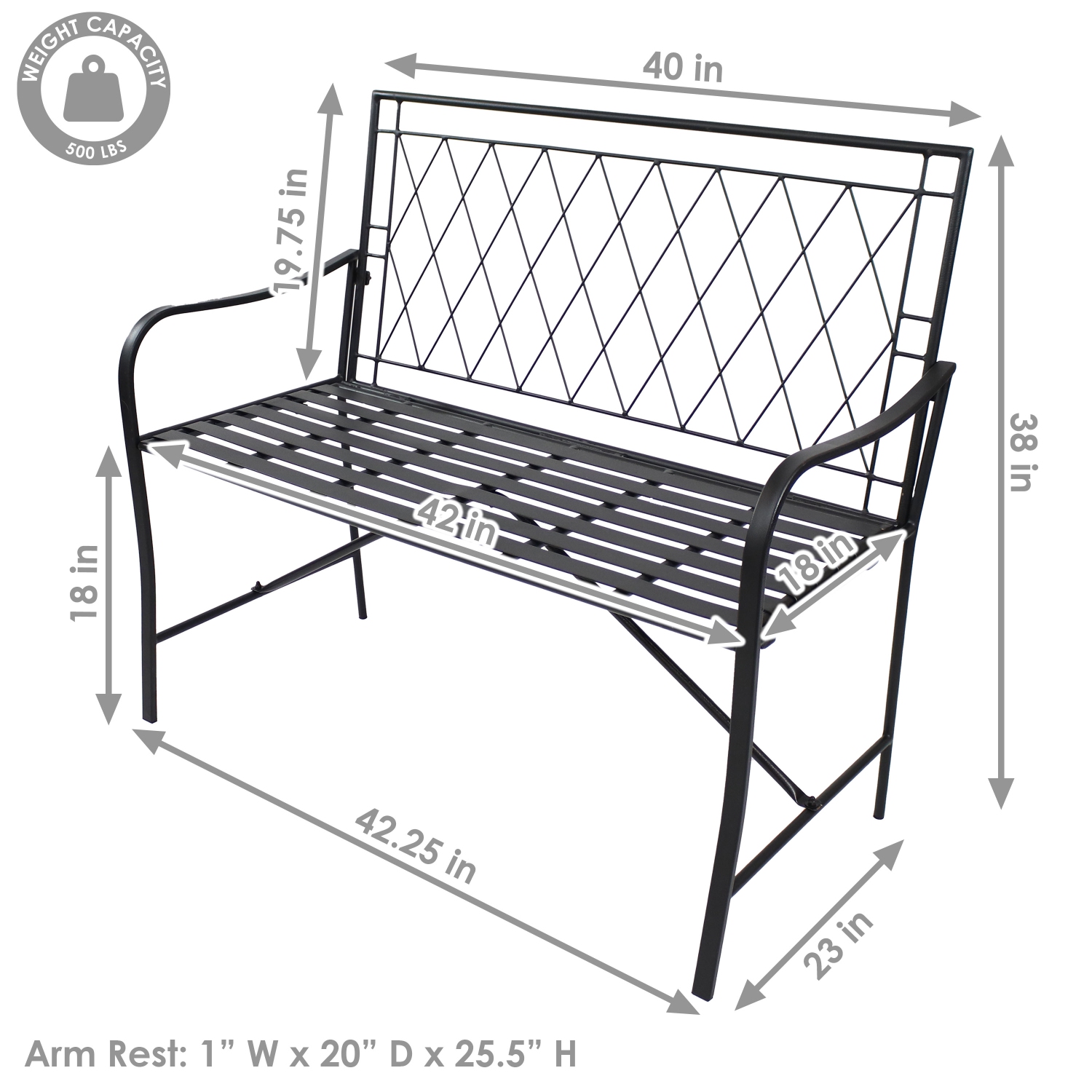 Sunnydaze 2-Person Argyle Diamond Iron Outdoor Garden Bench - Black