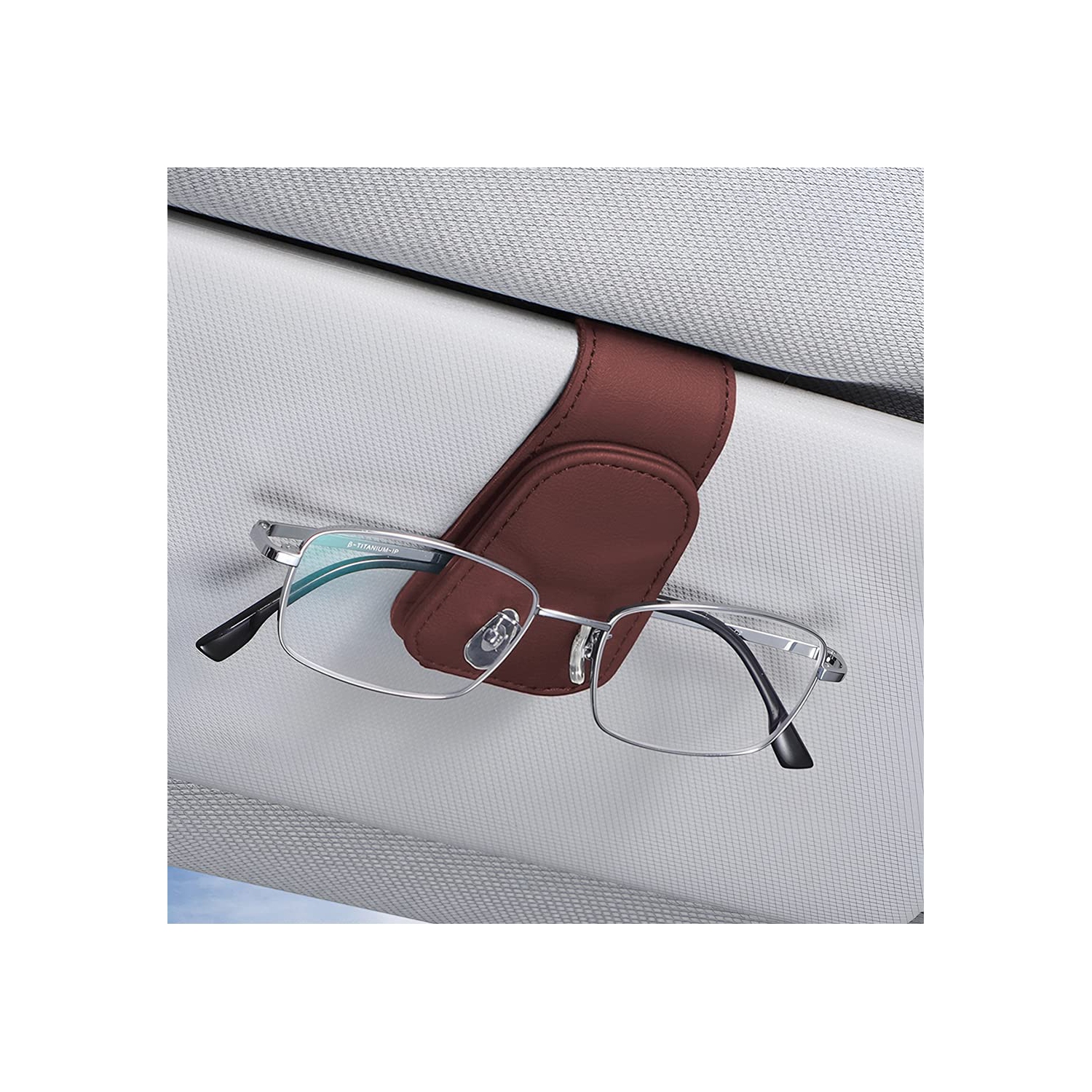 Sunglasses Holders for Car Sun Visor, Leather Eyeglasses Hanger Mounter, Magnetic Glasses Holder and Ticket Card Clip, Auto Interior Accessories