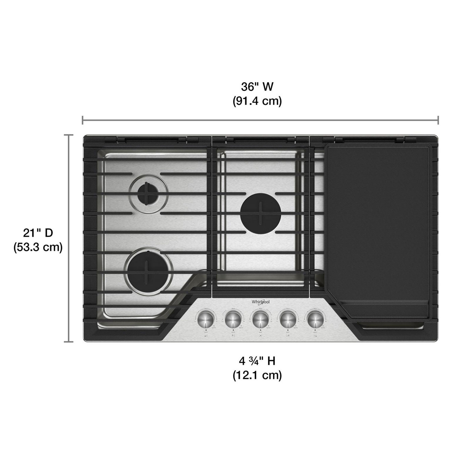 Surface de cuisson au gaz à 5 brûleurs de 36 po de Whirlpool - Acier inoxydable