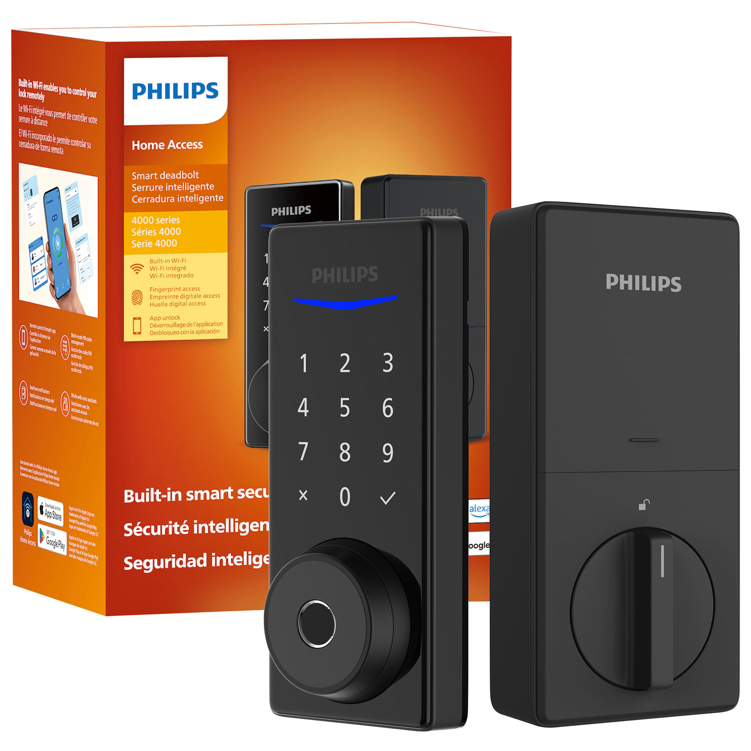 Ensemble avec serrure intelligente à pêne dormant/lecteur d'empreintes Wi-Fi série 4000 de Philips - Noir mat