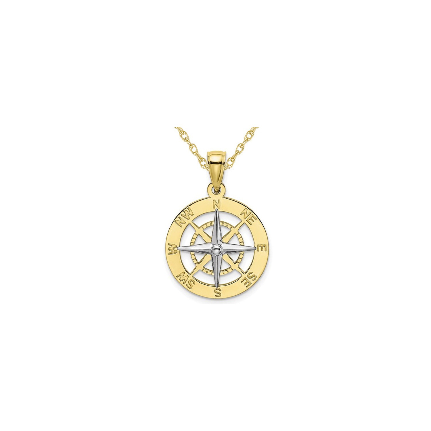 10K Yellow Gold Nautical Compass White Needle Charm Pendant Necklace with Chain
