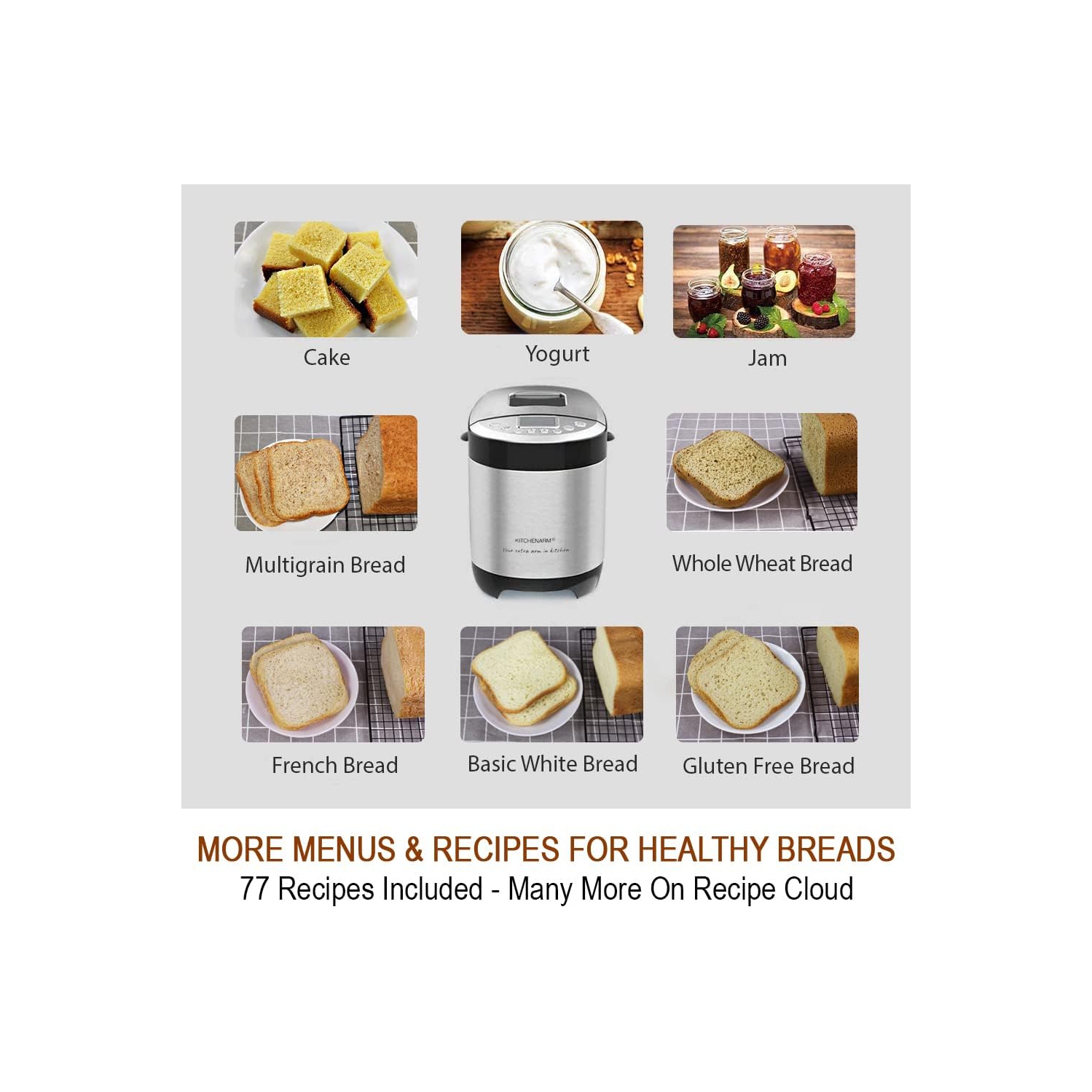 KITCHENARM 29-in-1 SMART Bread Machine with Gluten Free Setting 2LB 1.5LB 1LB Bread Maker Machine with Homemade Cycle - Stainless Steel Breadmaker
