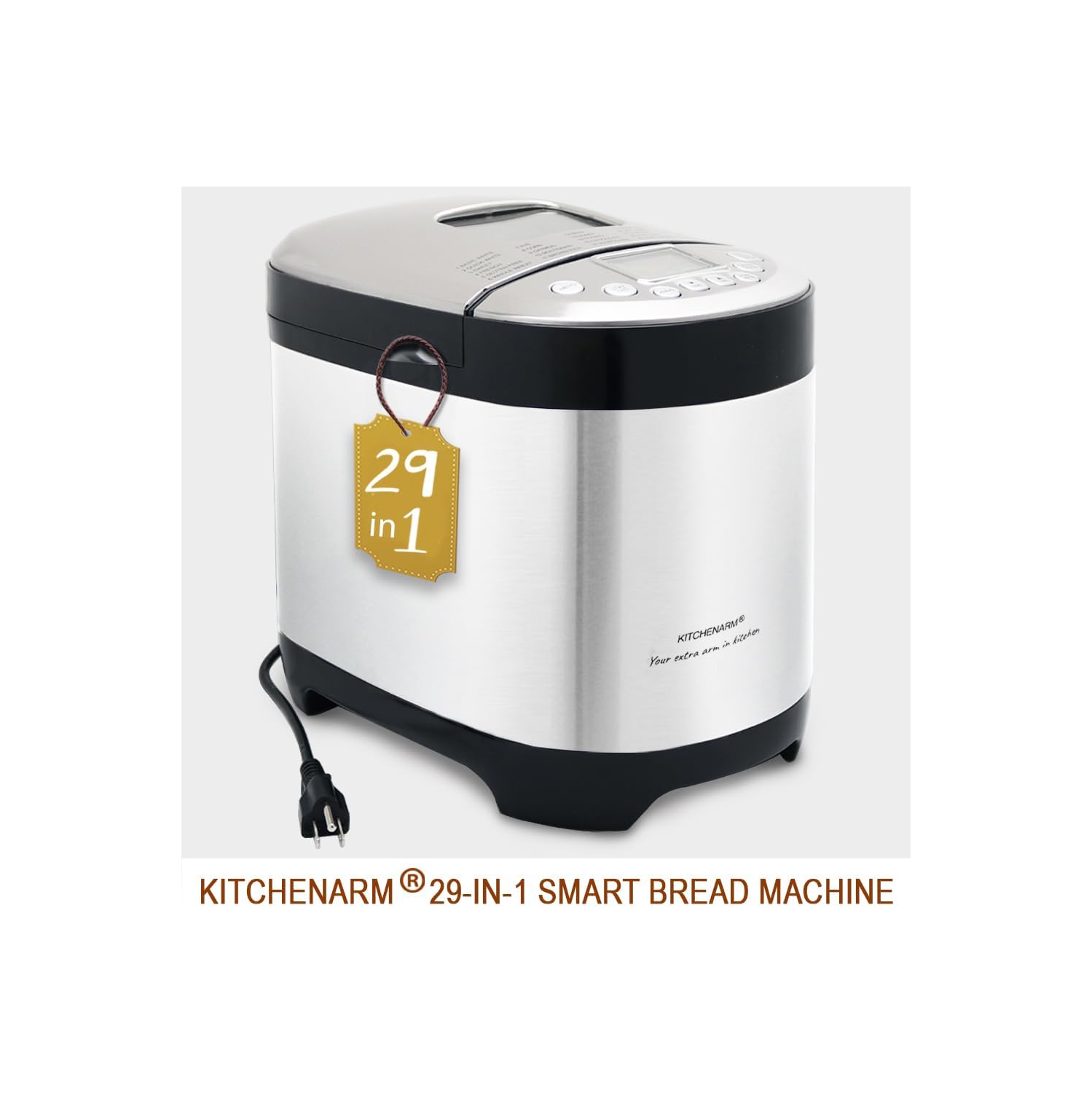 KITCHENARM 29-in-1 SMART Bread Machine with Gluten Free Setting 2LB 1.5LB 1LB Bread Maker Machine with Homemade Cycle - Stainless Steel Breadmaker