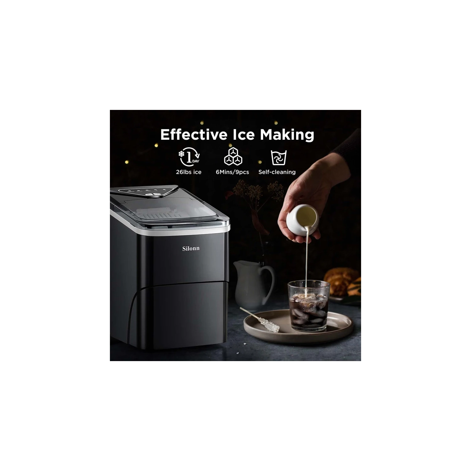 Ice Maker Countertop: 9 Cubes in 6 Mins, 26lbs in 24Hrs, Self-Cleaning, Ice Scoop, Basket, 2 Bullet Ice Sizes - Home, Kitchen, Office, Bar, Party