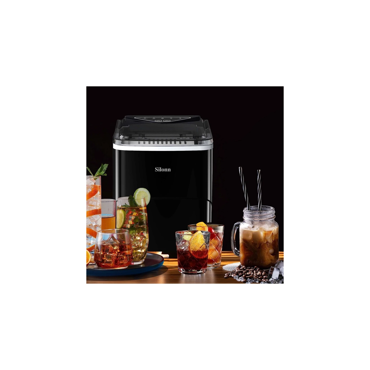 Ice Maker Countertop: 9 Cubes in 6 Mins, 26lbs in 24Hrs, Self-Cleaning, Ice Scoop, Basket, 2 Bullet Ice Sizes - Home, Kitchen, Office, Bar, Party