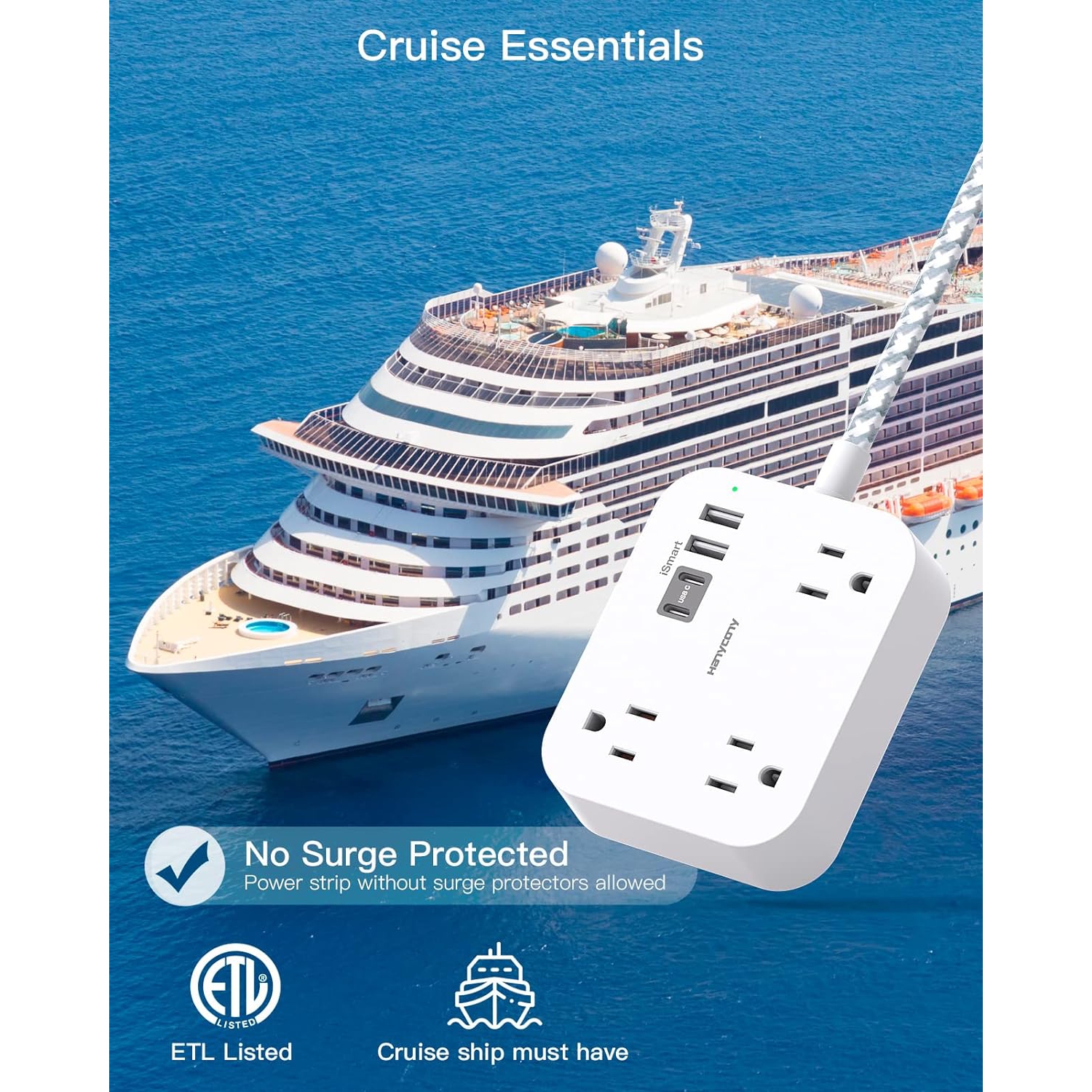 5 Ft Thin Flat Plug Extension Cord with 3 Outlets 4 USB Ports,Power Bar USB Wall Mount Desk Power Strip, Non Surge Protector for Travel College Dorm