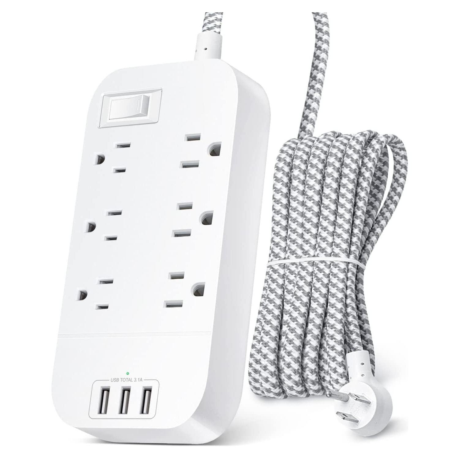 Power Bar Extension Cord 10 FT, Flat Plug, 6 Outlets 3 USB Ports Outlet Extender with Overload Protection, Desktop Charging Station Wall Mount for