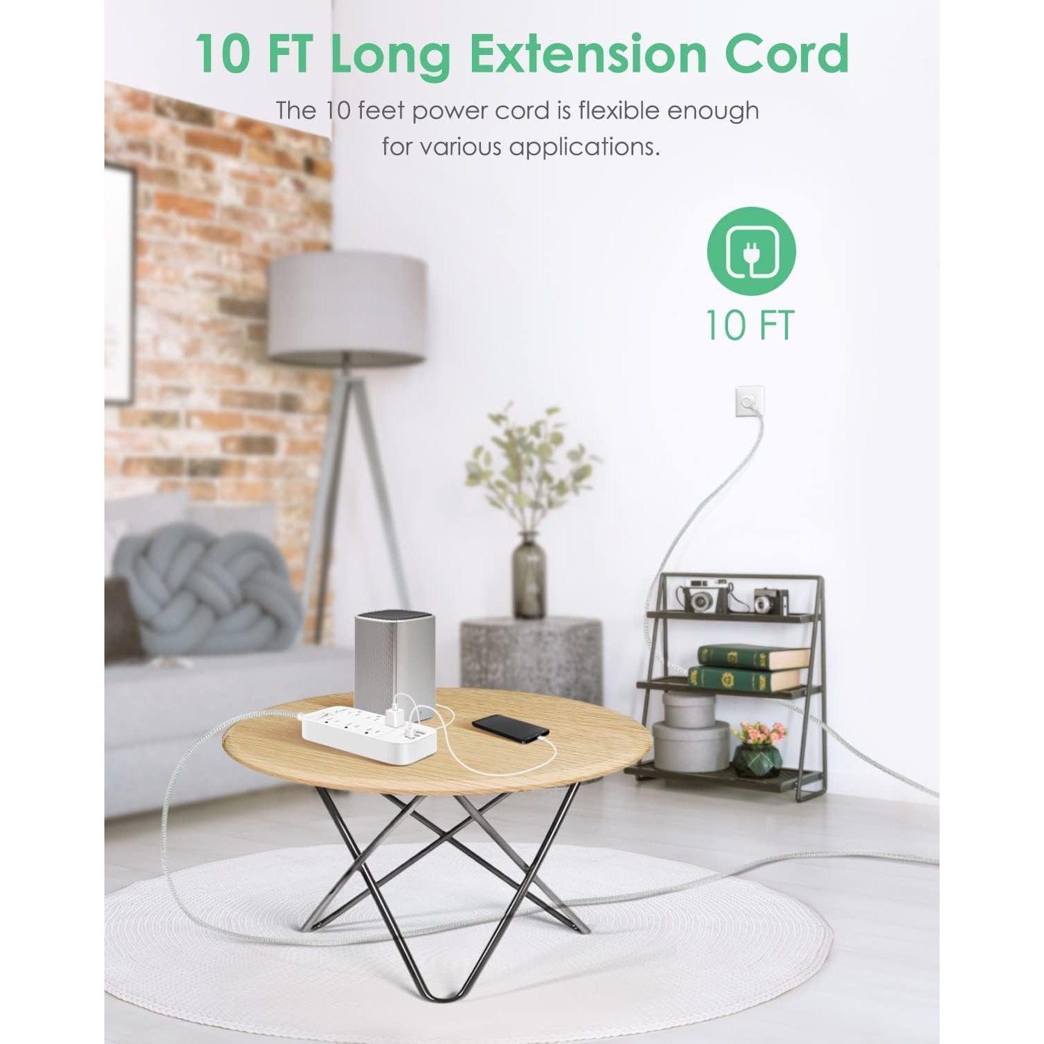 Power Bar Extension Cord 10 FT, Flat Plug, 6 Outlets 3 USB Ports Outlet Extender with Overload Protection, Desktop Charging Station Wall Mount for