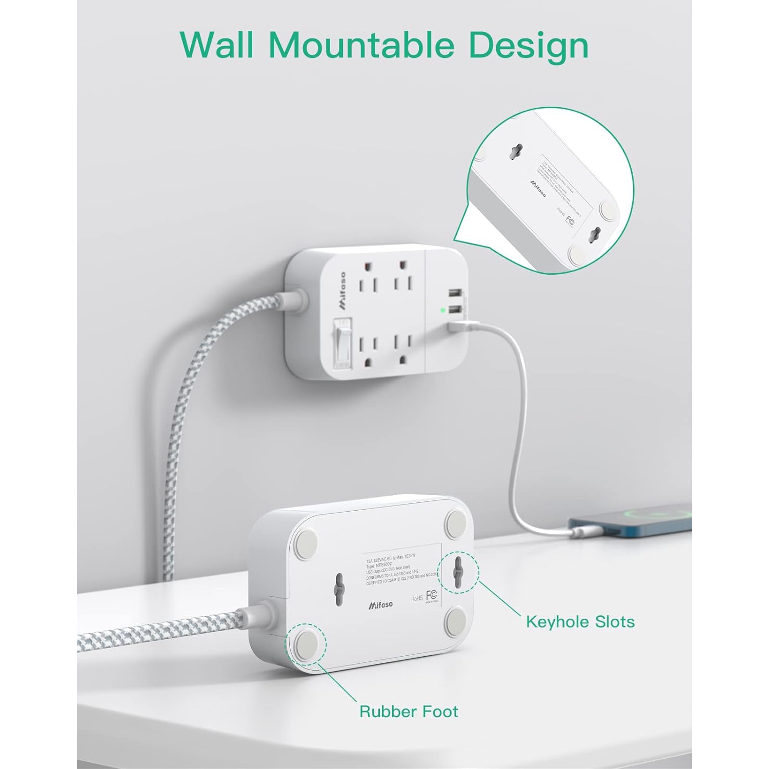 Power Bar Extension Cord, Flat Plug Power Strip 4 Outlets 3 USB Charger Ports, 10 FT Outlet Extender with Overload Protection, Wall Mount\ Desktop