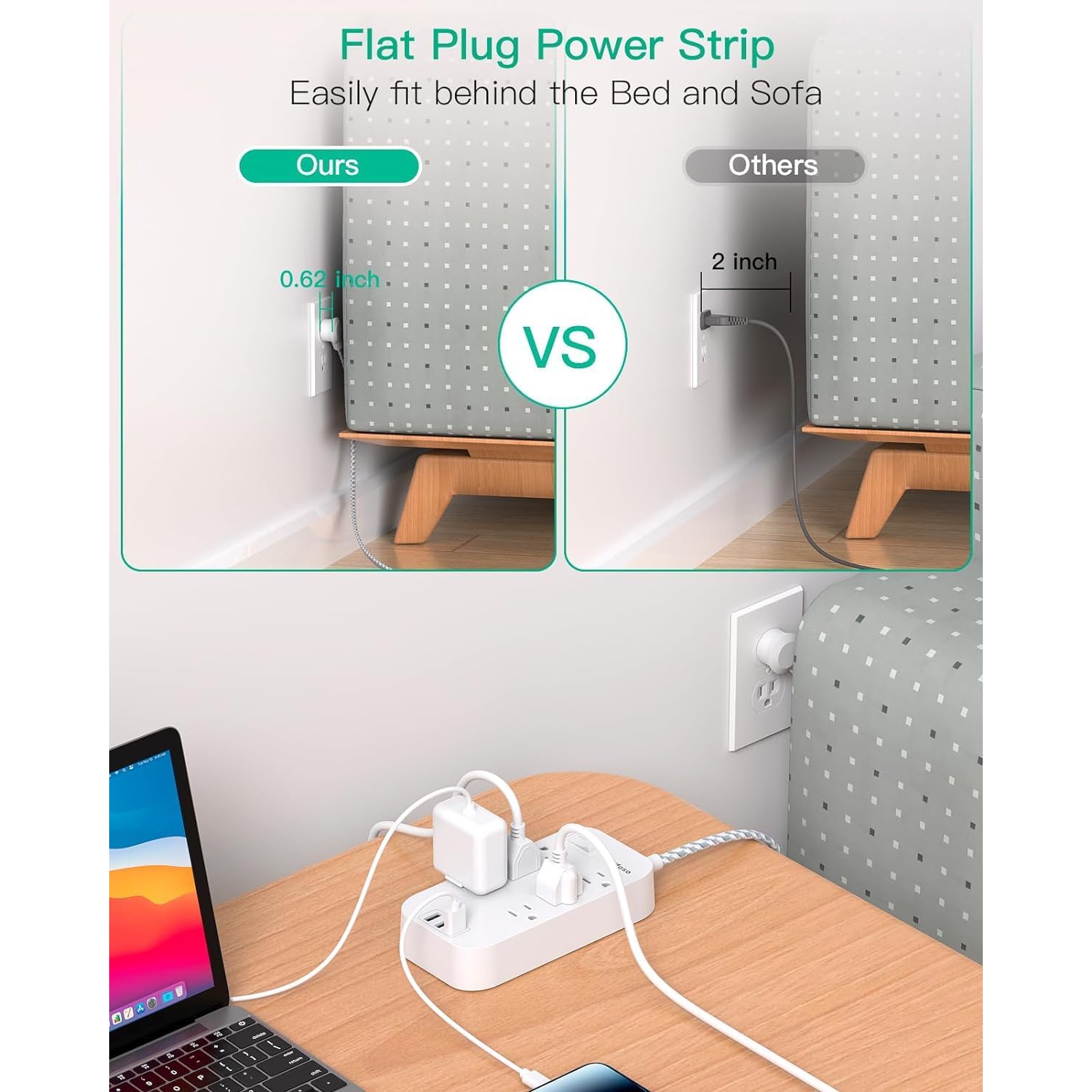 Power Bar Extension Cord 15 FT, Flat Plug, 6 Outlets 3 USB Ports Outlet Extender with Overload Protection, Desktop Charging Station Wall Mount for