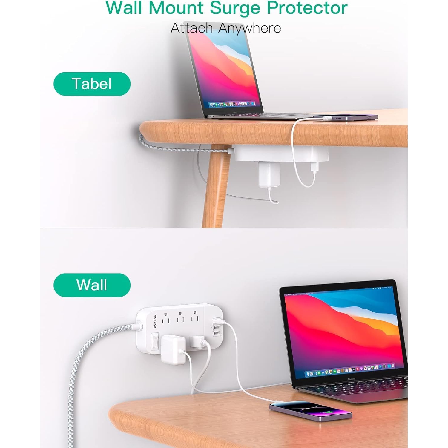 Power Bar Extension Cord 15 FT, Flat Plug, 6 Outlets 3 USB Ports Outlet Extender with Overload Protection, Desktop Charging Station Wall Mount for