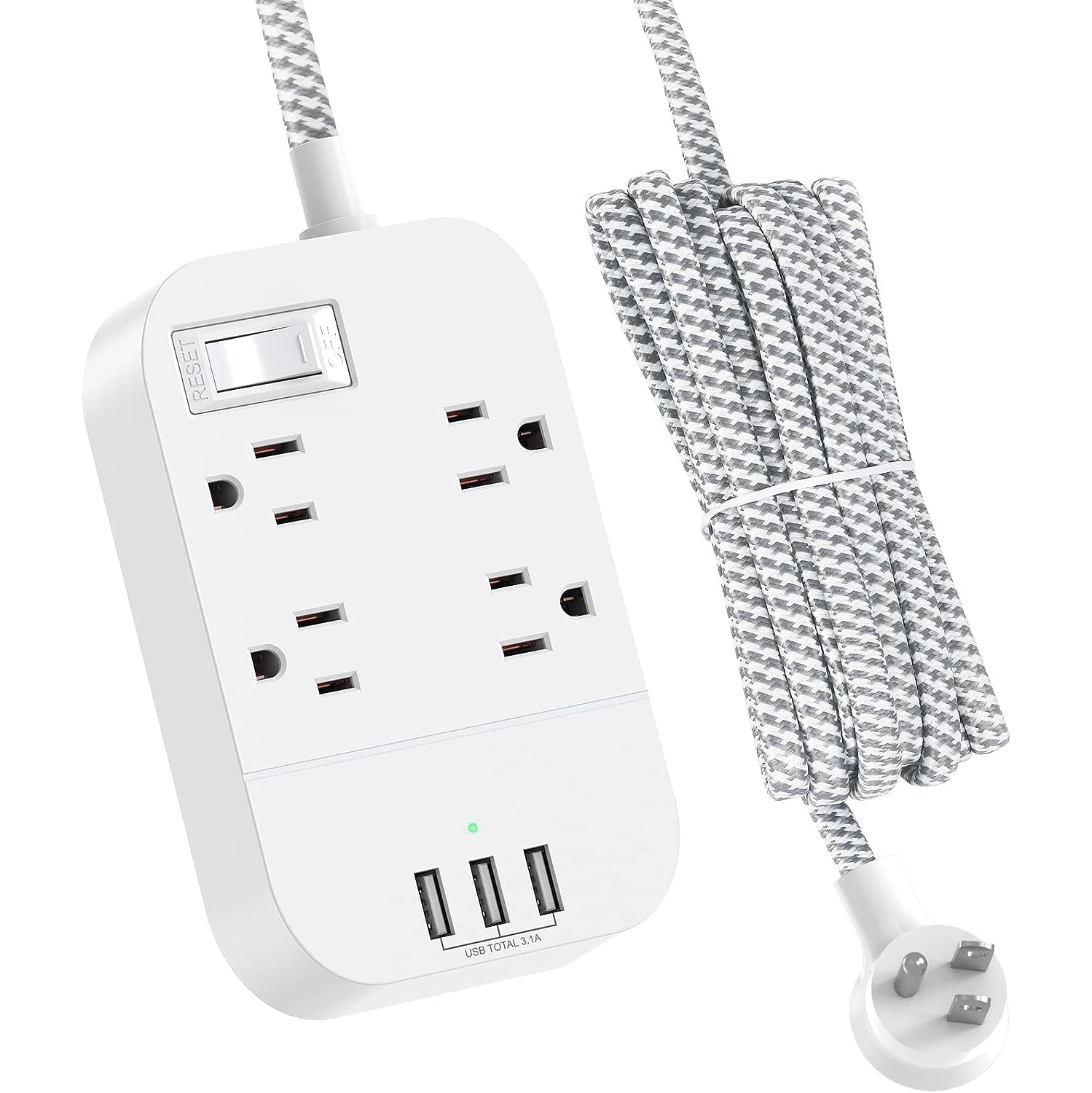 Power Bar Extension Cord, Flat Plug Power Strip 4 Outlets 3 USB Charger Ports, 5 FT Outlet Extender with Overload Protection, Wall Mount\ Desktop