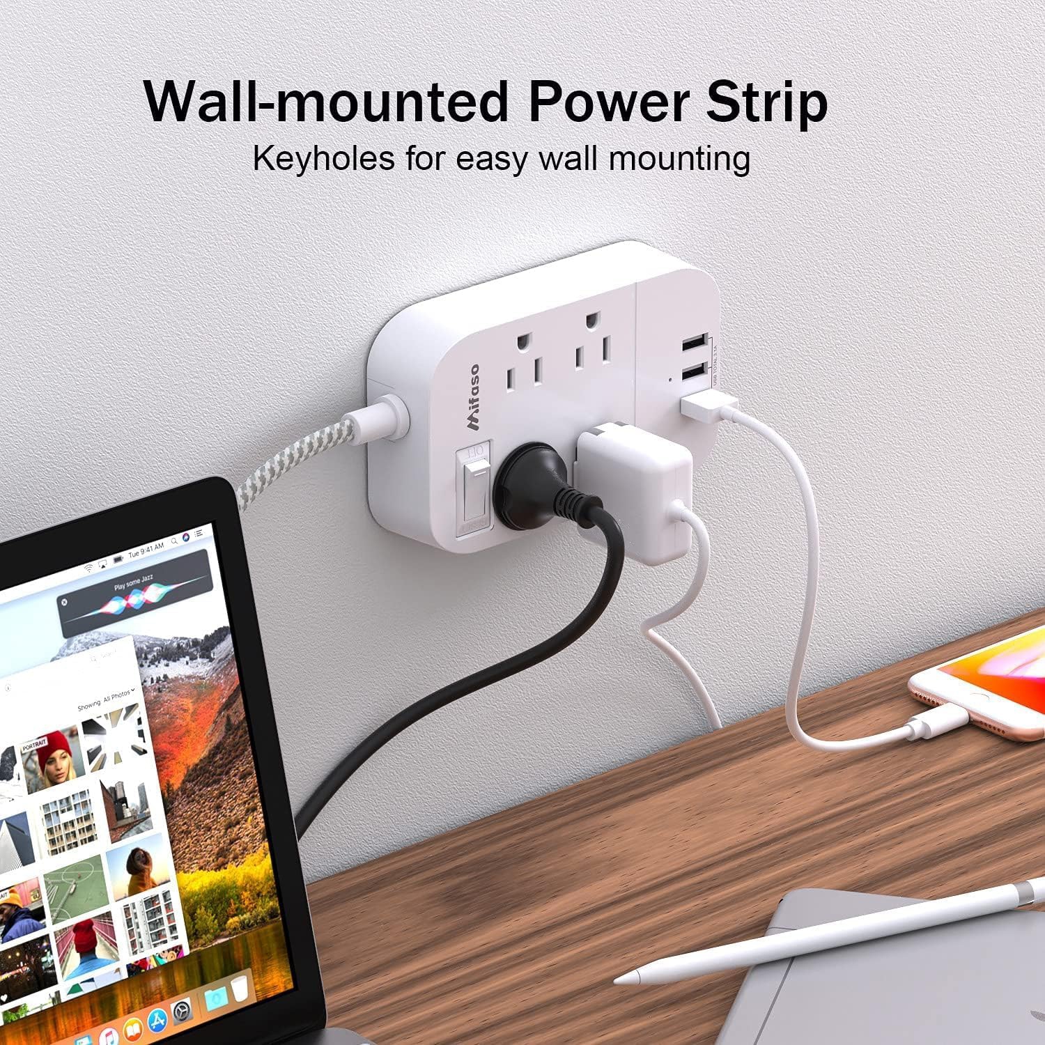 Power Bar Extension Cord, Flat Plug Power Strip 4 Outlets 3 USB Charger Ports, 5 FT Outlet Extender with Overload Protection, Wall Mount\ Desktop