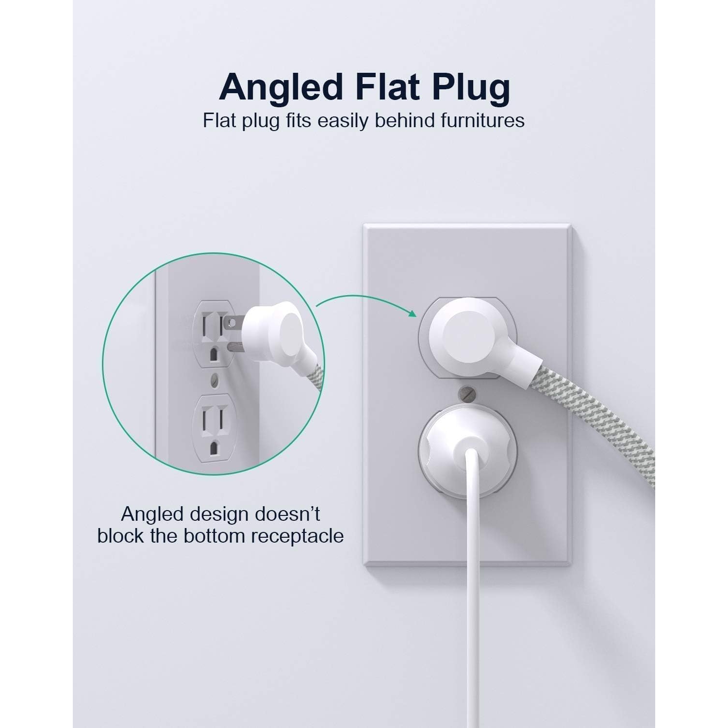 Power Bar Extension Cord, Flat Plug Power Strip 4 Outlets 3 USB Charger Ports, 5 FT Outlet Extender with Overload Protection, Wall Mount\ Desktop