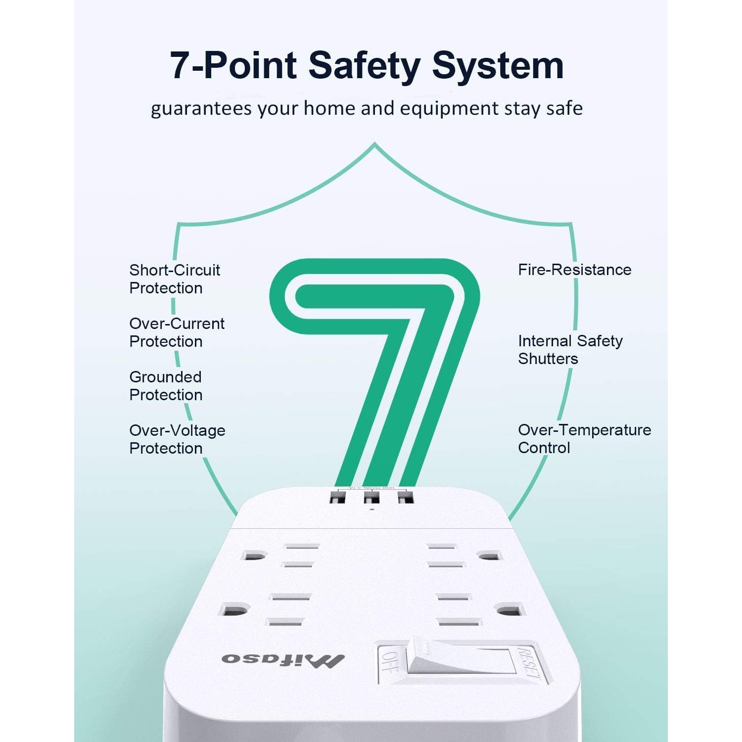 Power Bar Extension Cord, Flat Plug Power Strip 4 Outlets 3 USB Charger Ports, 5 FT Outlet Extender with Overload Protection, Wall Mount\ Desktop