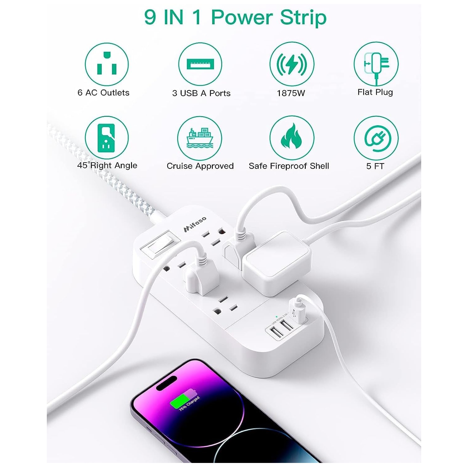 Power Bar Extension Cord 5 FT, Flat Plug, 6 Outlets 3 USB Ports Outlet Extender with Overload Protection, Desktop Charging Station Wall Mount for