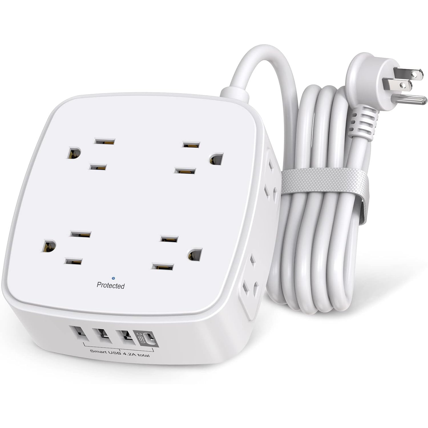 Rallonge pour barre d'alimentation USB, parasurtenseur 6ft avec 8 prises et 4 ports USB, rallonge de 3 prises latérales pour la maison, le bureau,