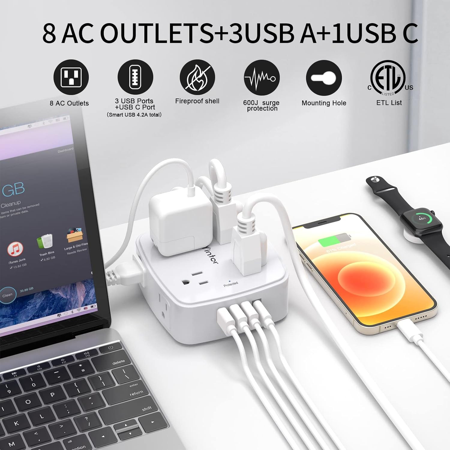 Rallonge pour barre d'alimentation USB, parasurtenseur 6ft avec 8 prises et 4 ports USB, rallonge de 3 prises latérales pour la maison, le bureau,