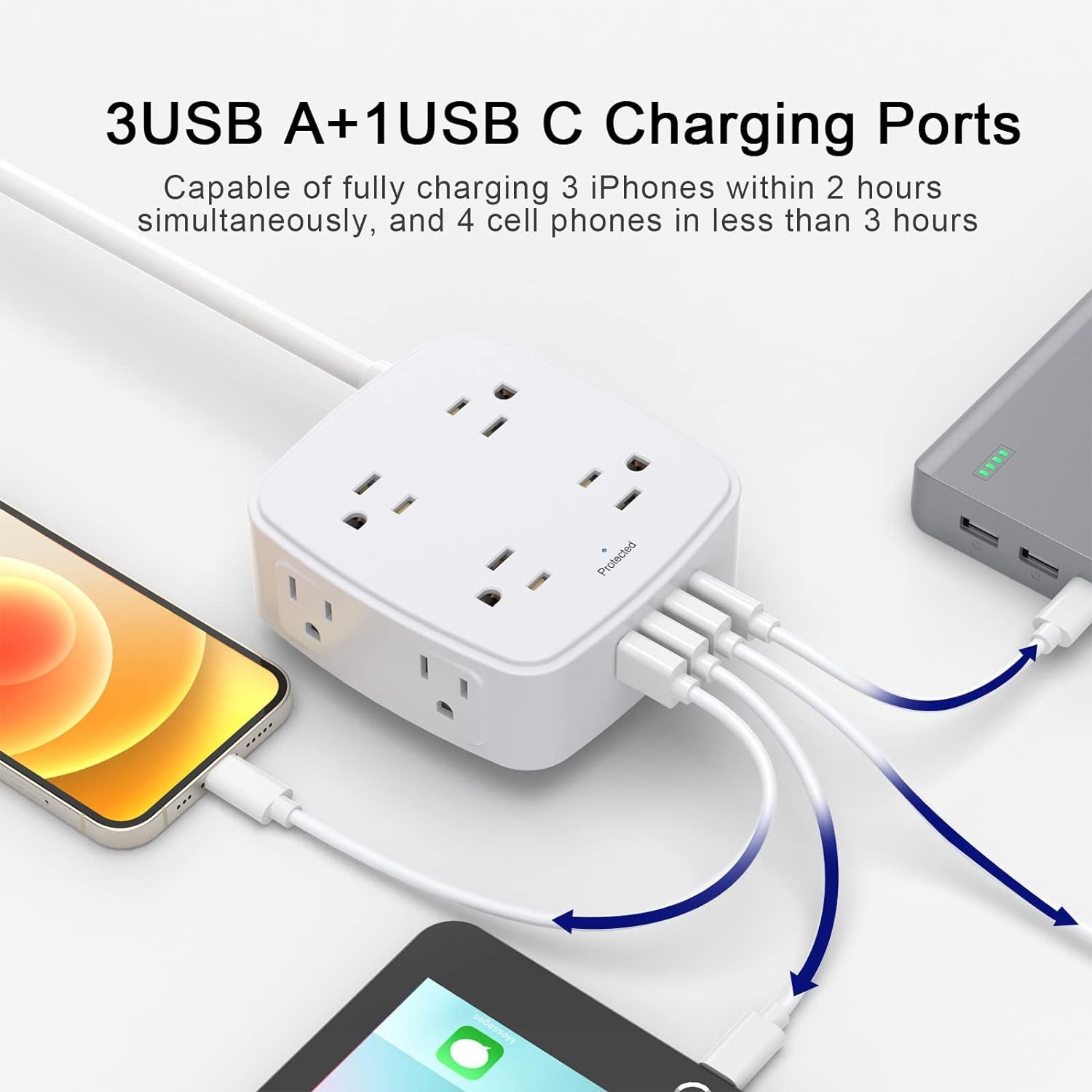 Rallonge pour barre d'alimentation USB, parasurtenseur 6ft avec 8 prises et 4 ports USB, rallonge de 3 prises latérales pour la maison, le bureau,