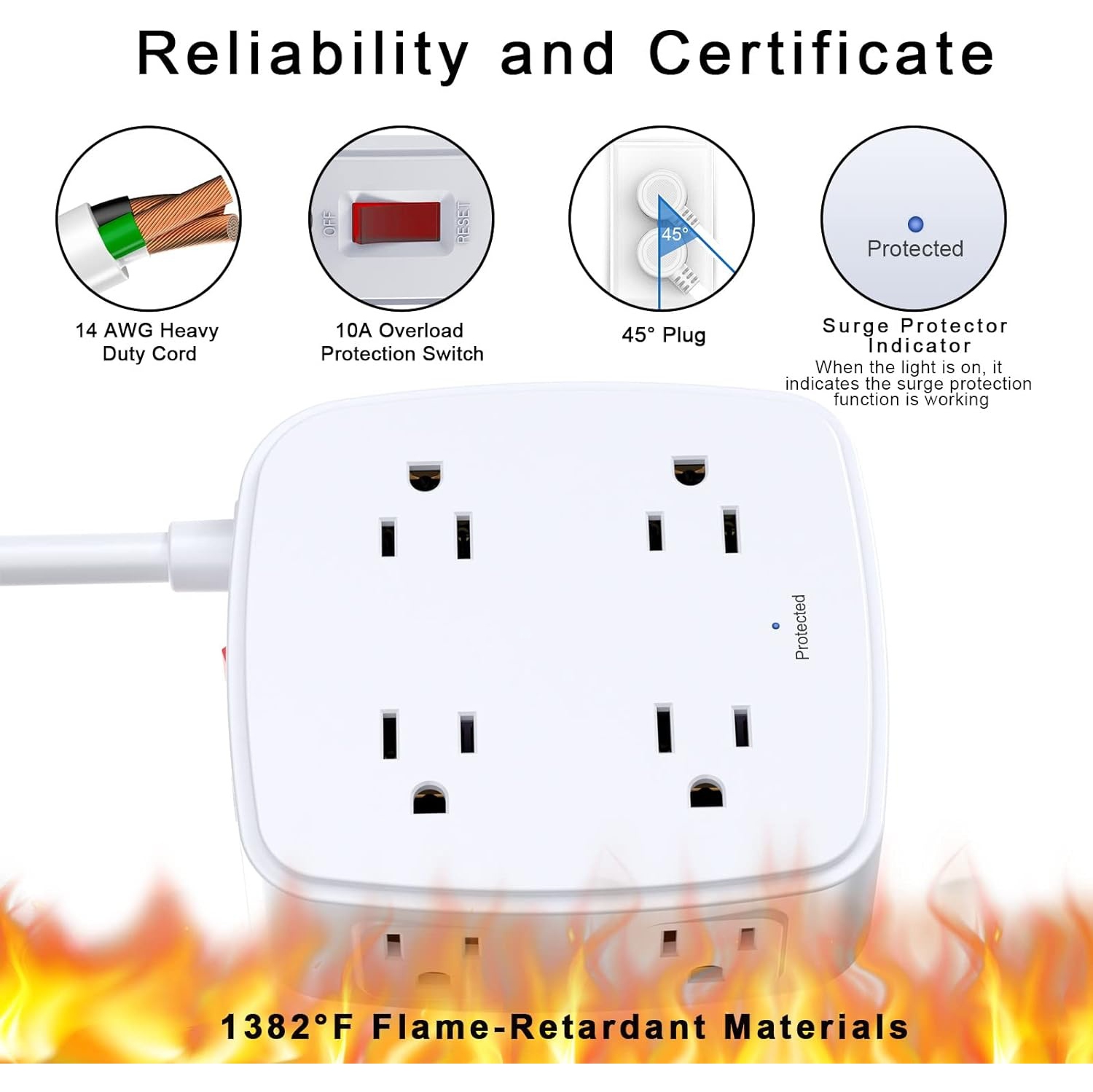 Rallonge pour barre d'alimentation USB, parasurtenseur 6ft avec 8 prises et 4 ports USB, rallonge de 3 prises latérales pour la maison, le bureau,