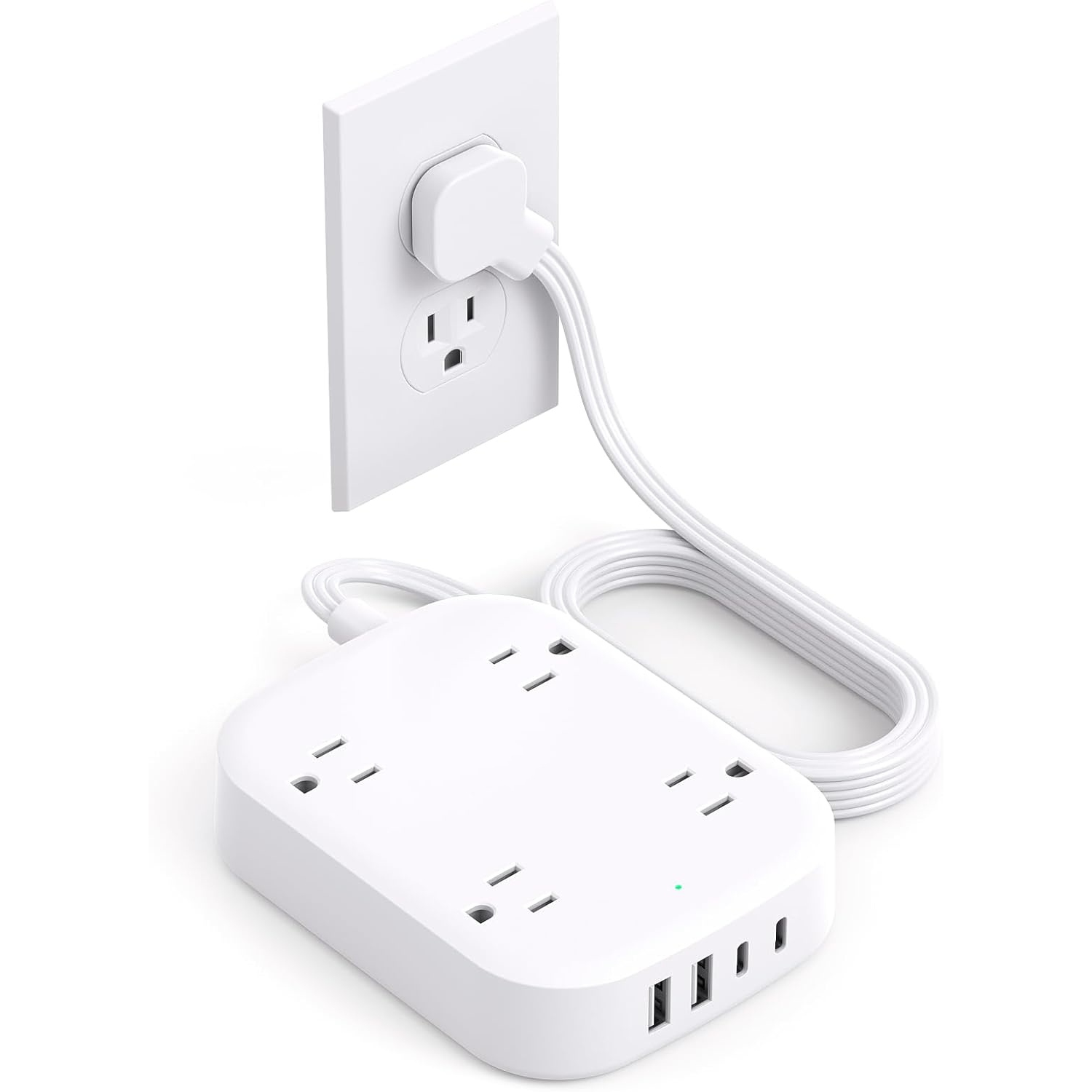 Flat Plug Power Bar with USB C, 5ft Ultra-Thin Extension Cord Indoor with 4 USB Ports(2 USB C) 4 Widely Outlets Extender Desk Charging Station for