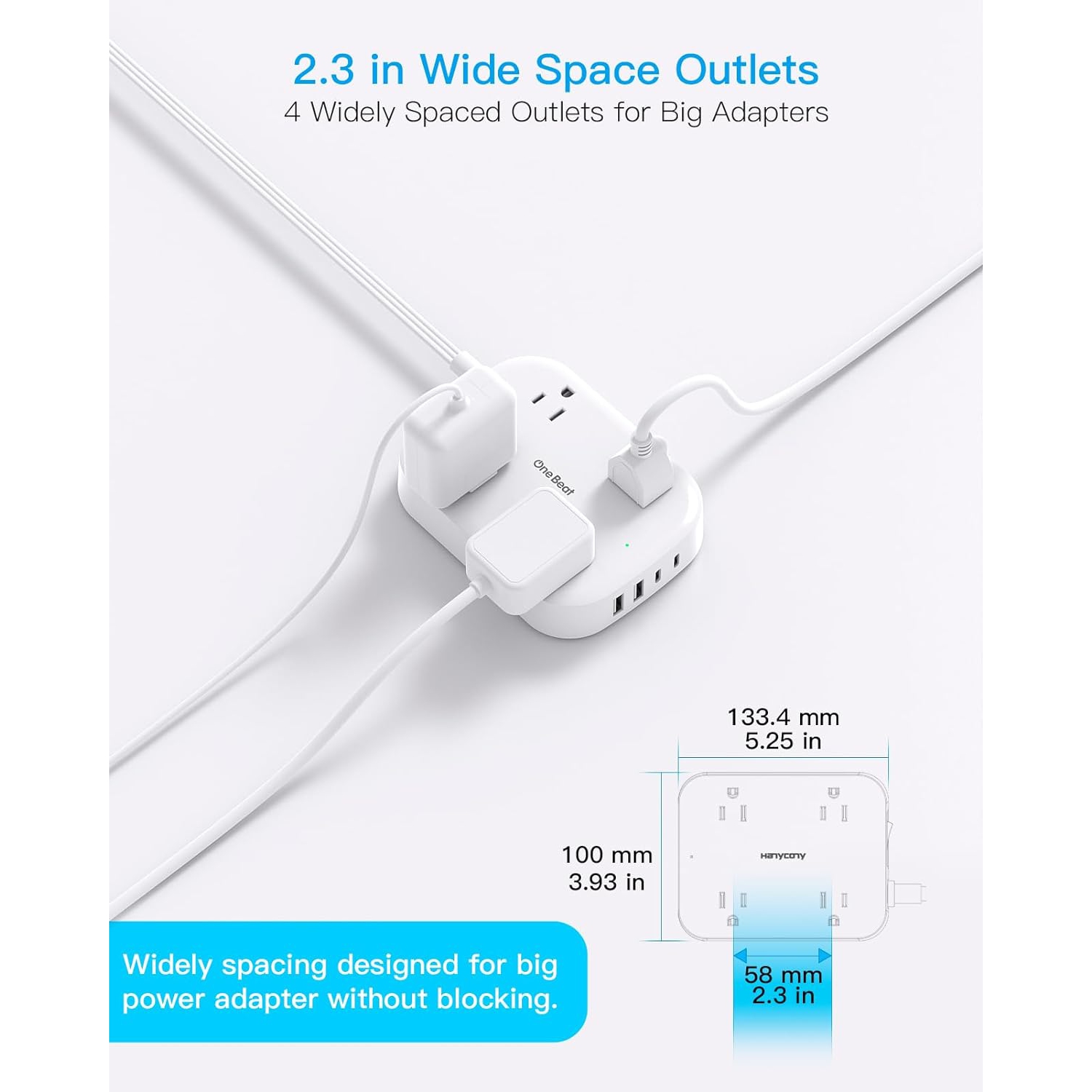 Flat Plug Power Bar with USB C, 5ft Ultra-Thin Extension Cord Indoor with 4 USB Ports(2 USB C) 4 Widely Outlets Extender Desk Charging Station for