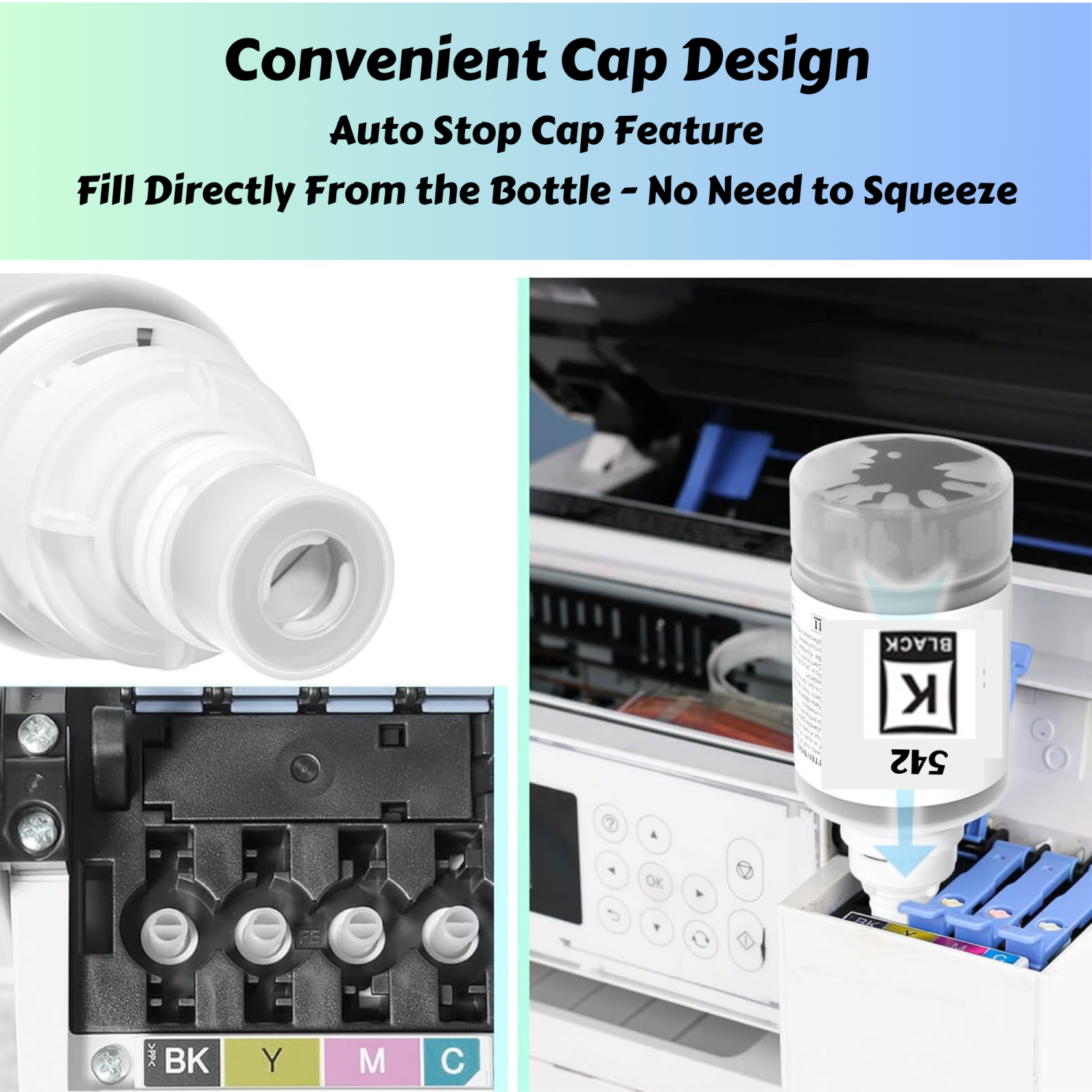 T542 Compatible Refill Set + Black of 5 Bottles All Supplied with Pigment Ink 542 - T542120 T542220 T542320 T542420 For Epson ET 5180 5150 5170 5850