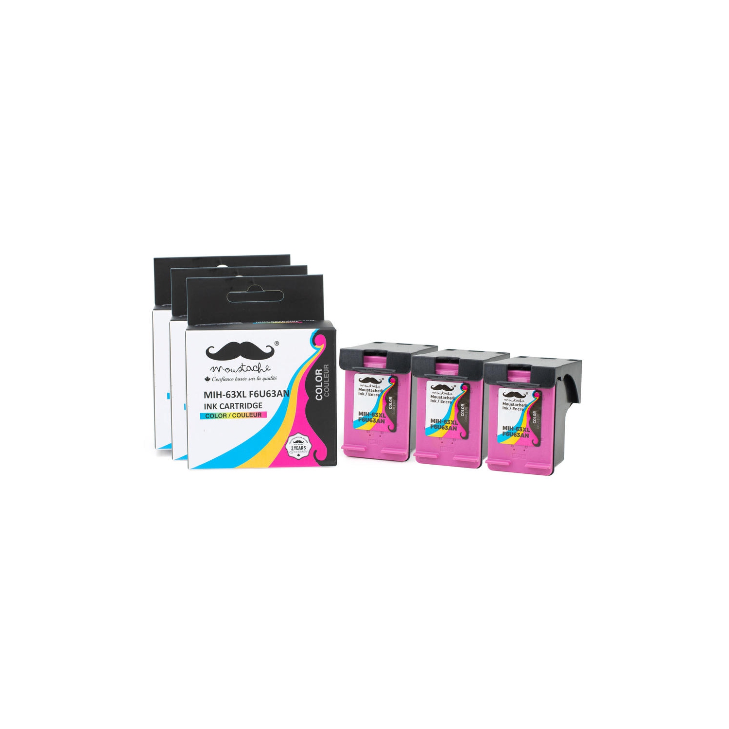 Remanufactured HP 63XL F6U63AN Tri-Color Ink Cartridge High Yield - Moustache® - 3/Pack