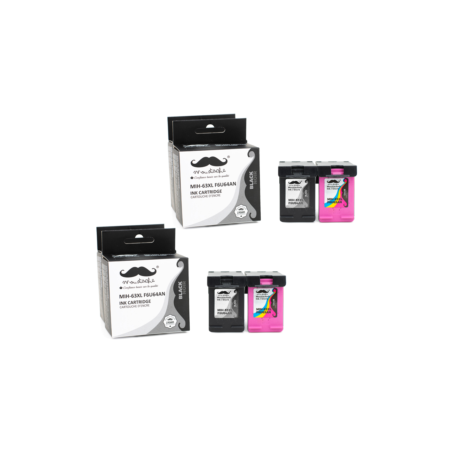 Remanufactured HP 63XL F6U64AN F6U63AN Ink Cartridge Black and Color 2 Combo High Yield - Moustache®