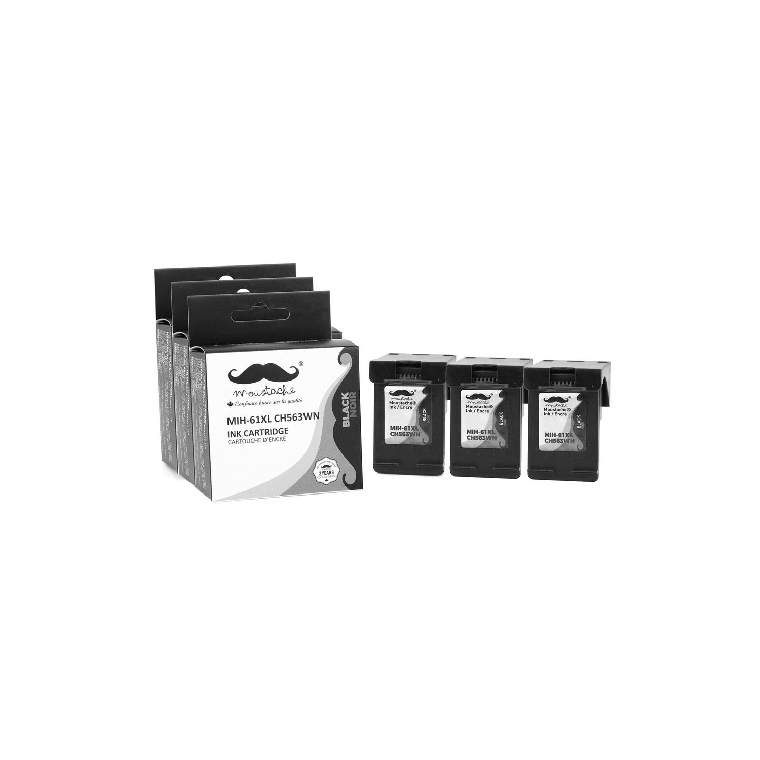 Remanufactured HP 61XL CH563WN Black Ink Cartridge High Yield - Moustache® - 3/Pack