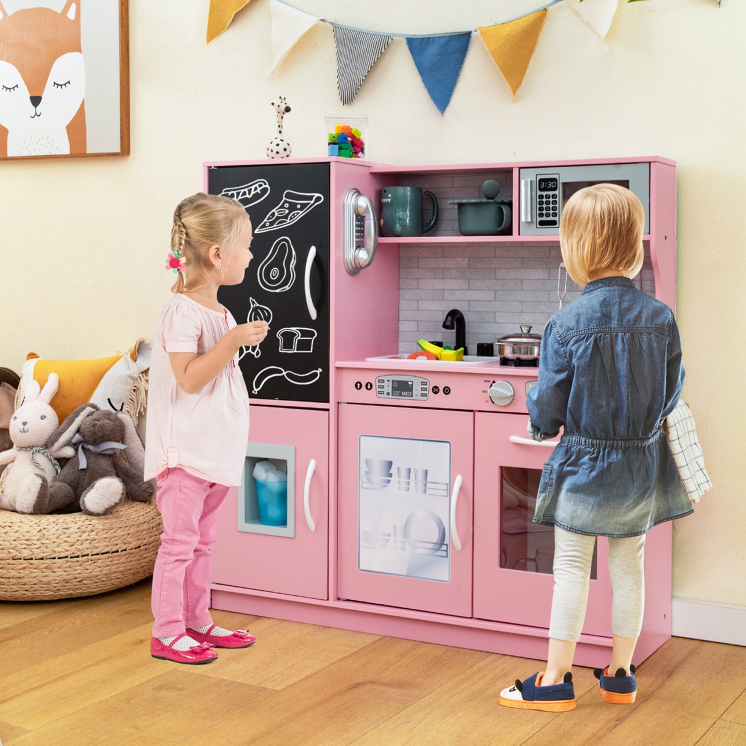 Costway Kid's Pretend Play Kitchen Toddler Kitchen Playset with Blackboard