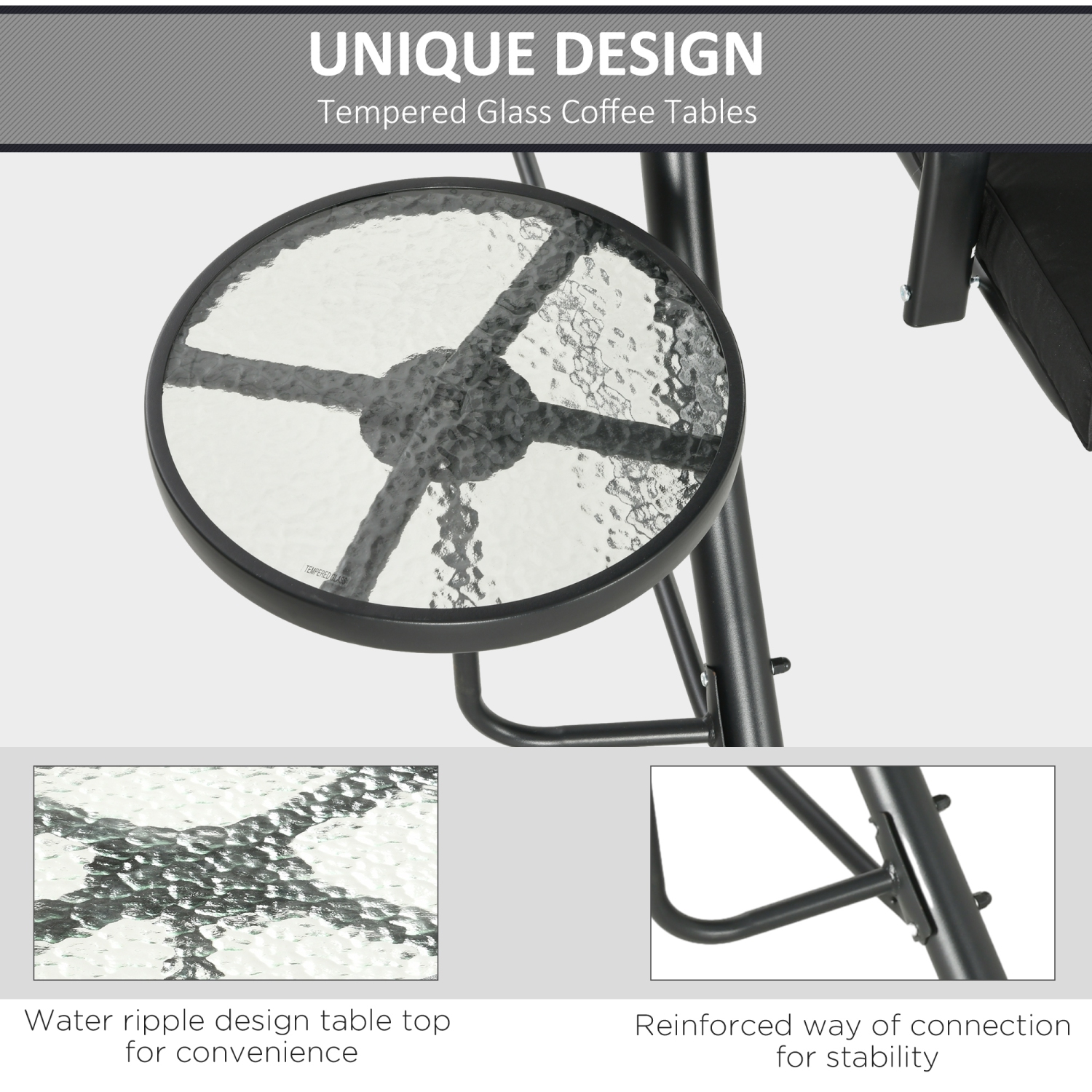 Outsunny Porch Swing with Adjustable Canopy, 3 Seat Outdoor Swing Chair, Steel Patio Swing Bench with Coffee Tables and Cushion for Garden, Black