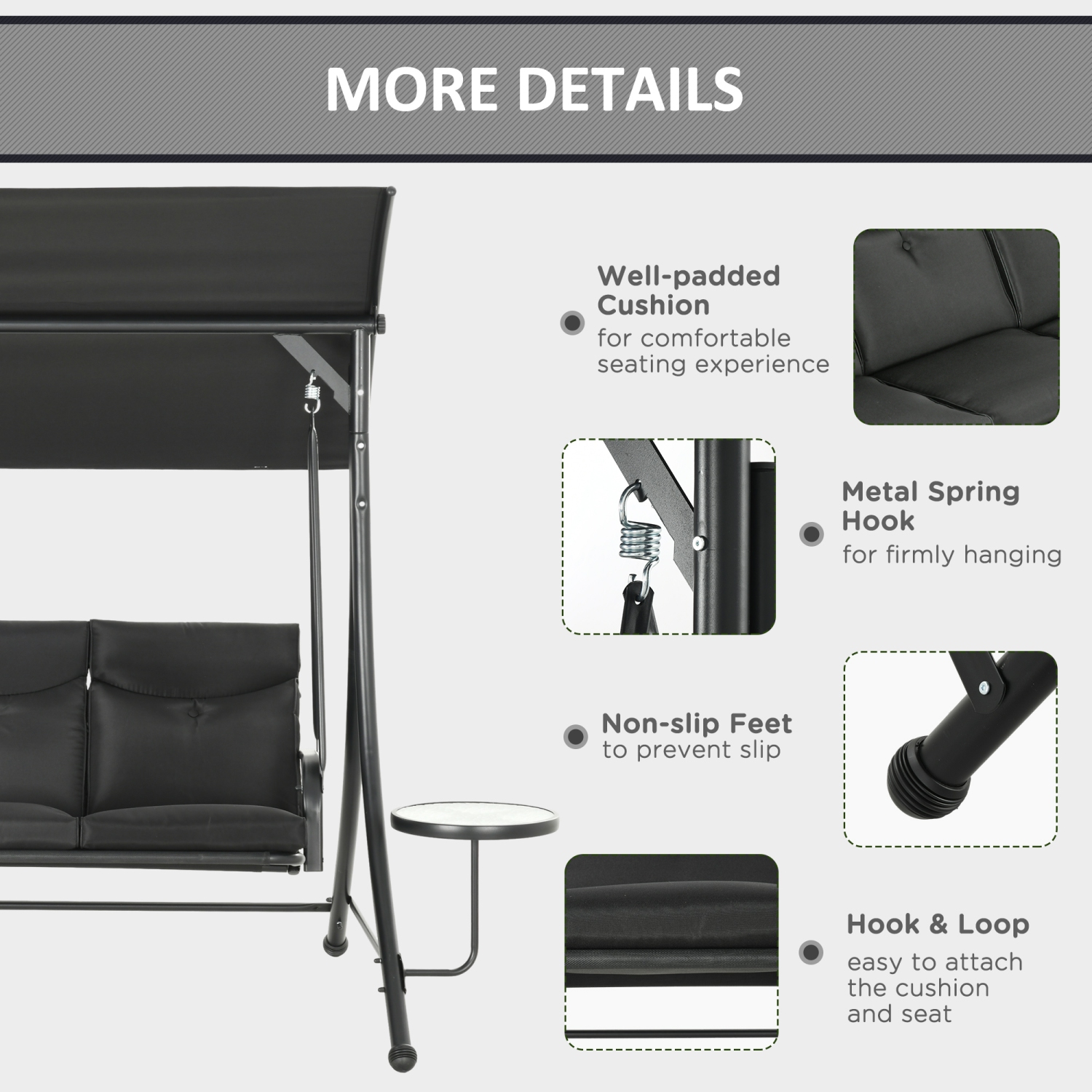 Outsunny Porch Swing with Adjustable Canopy, 3 Seat Outdoor Swing Chair, Steel Patio Swing Bench with Coffee Tables and Cushion for Garden, Black