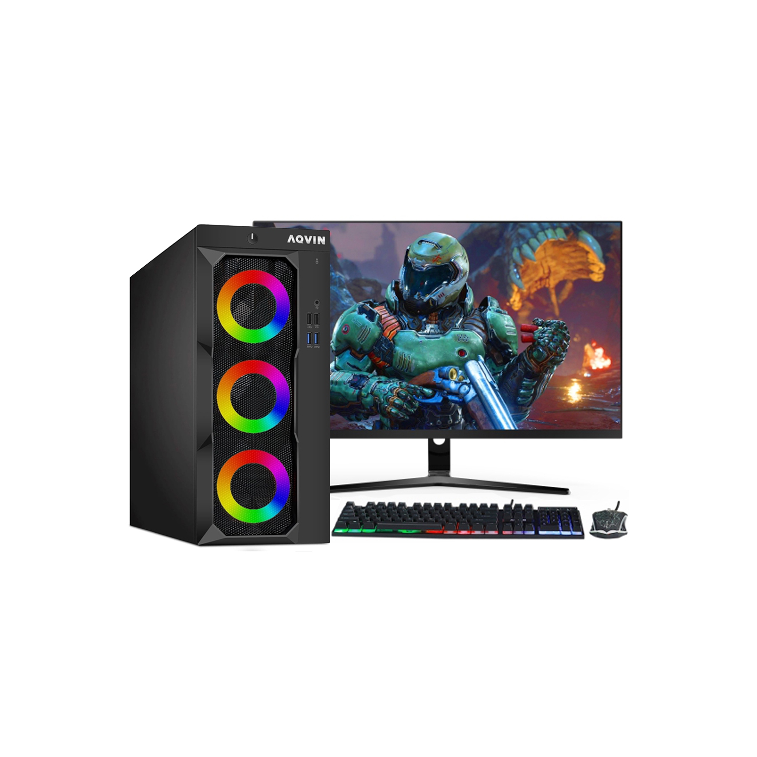 Refurbished (Excellent) - AQVIN LuminaRings Gaming PC Combo Desktop Computer New 27 inch Curved Monitor Intel Core i7 Processor 32GB RAM 1TB SSD AMD RX 550 DDR5 HDMI Windows 10 Pro