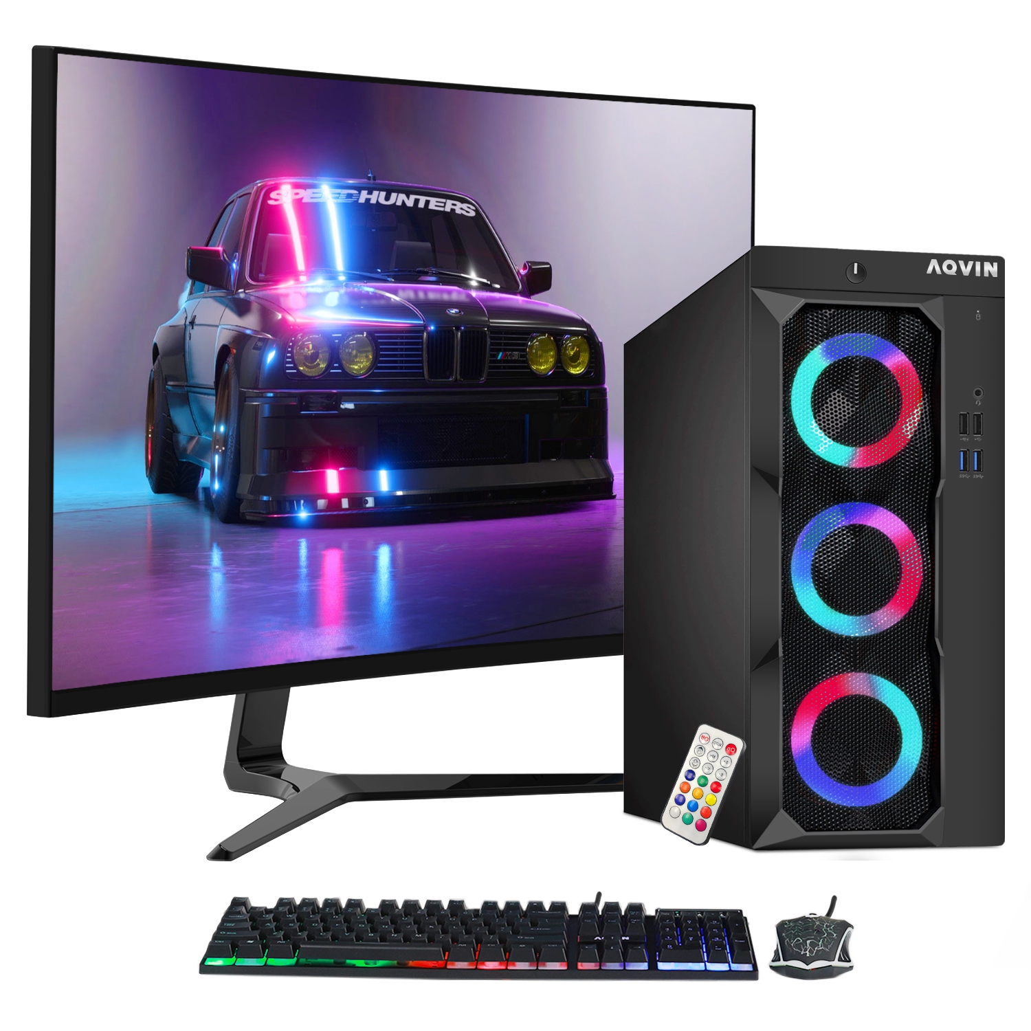 Refurbished (Excellent) - AQVIN LuminaRings Gaming PC Combo Desktop Computer New 27 inch Curved Monitor Intel Core i7 Processor 32GB RAM 2TB SSD AMD RX 550 DDR5 HDMI Windows 10 Pro