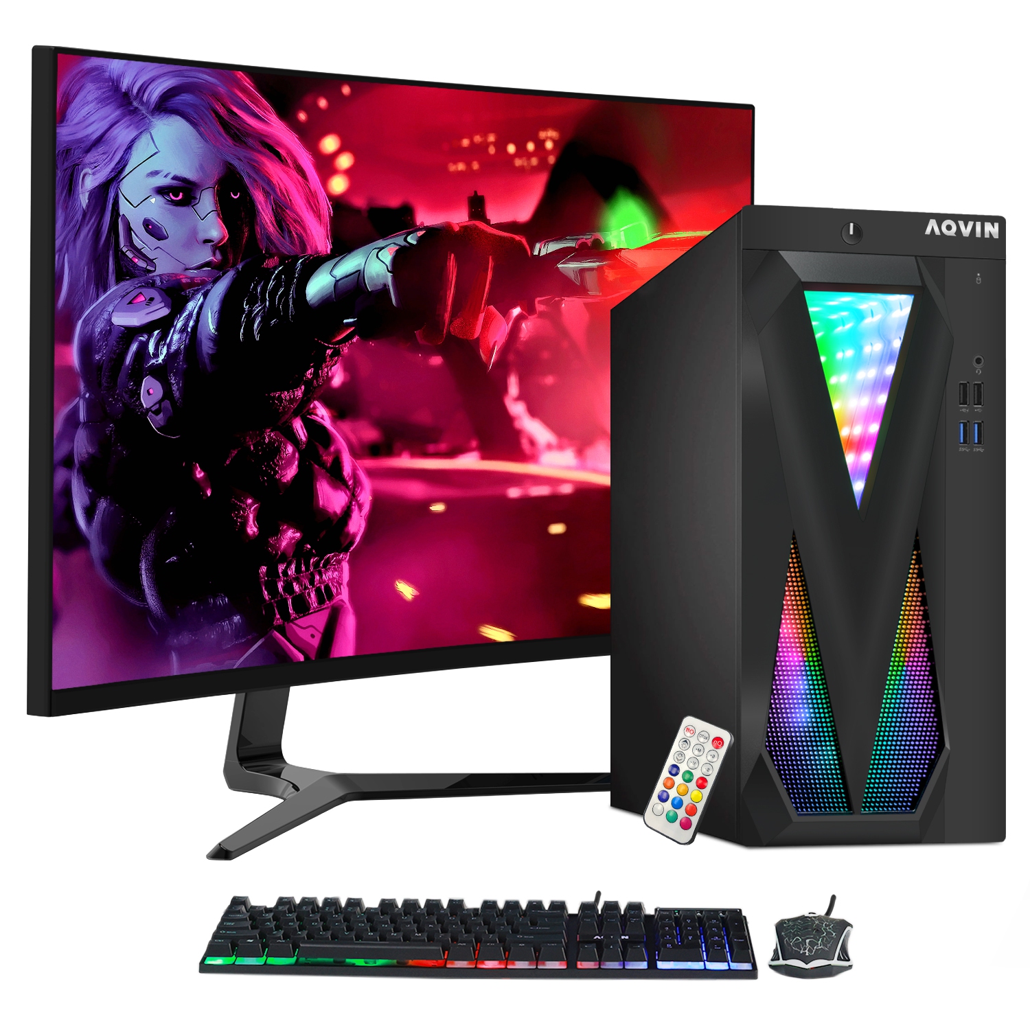 Refurbished (Excellent) - AQVIN InfinityLite Gaming PC Combo Desktop Computer New 27inch Curved Monitor Intel Core i7 Processor 32GB RAM 1TB SSD AMD RX 550 DDR5 HDMI Windows 10 Pro