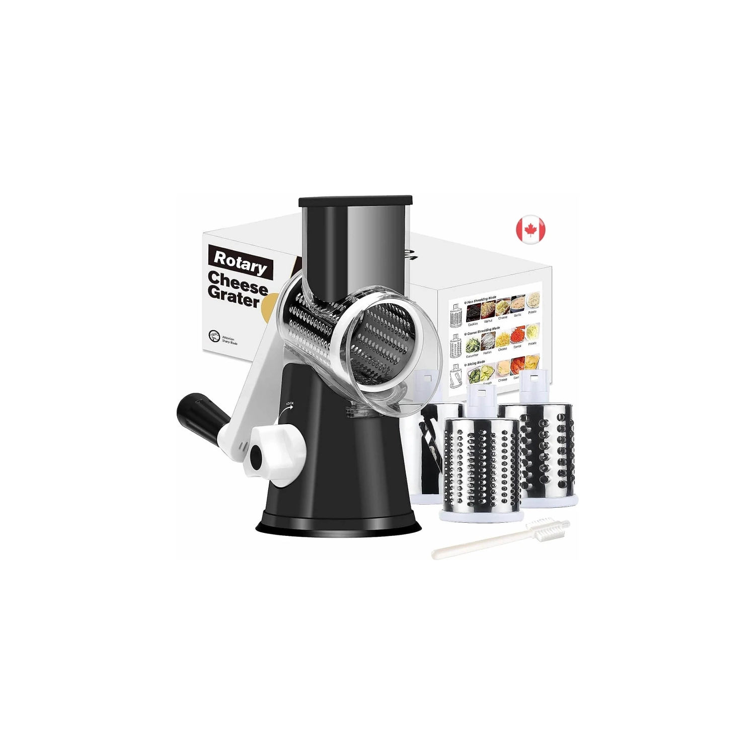 Manual Rotary Cheese Grater - Cambom Kitchen with 3 Drum Blades, Handle, Suction Base - Free Cleaning Brush
