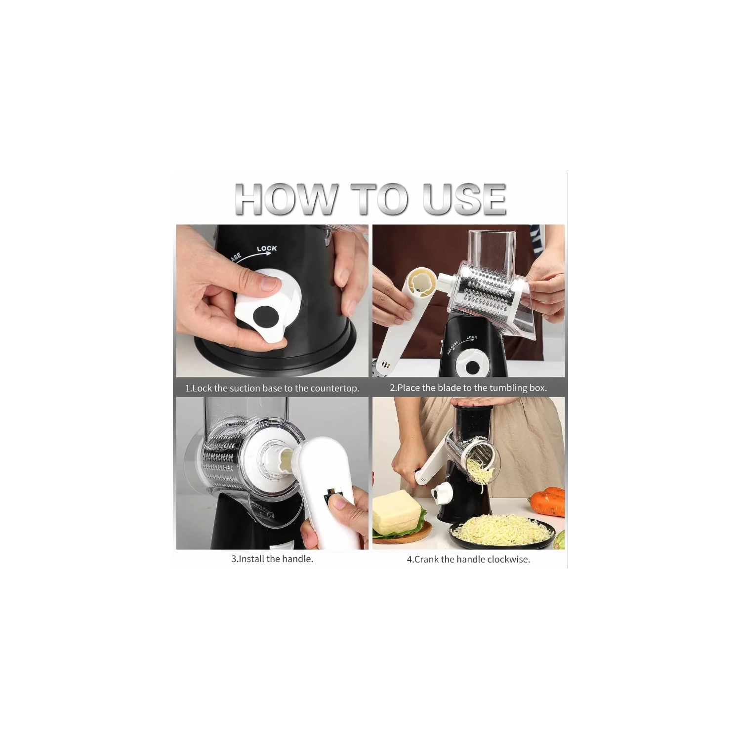 Manual Rotary Cheese Grater - Cambom Kitchen with 3 Drum Blades, Handle, Suction Base - Free Cleaning Brush