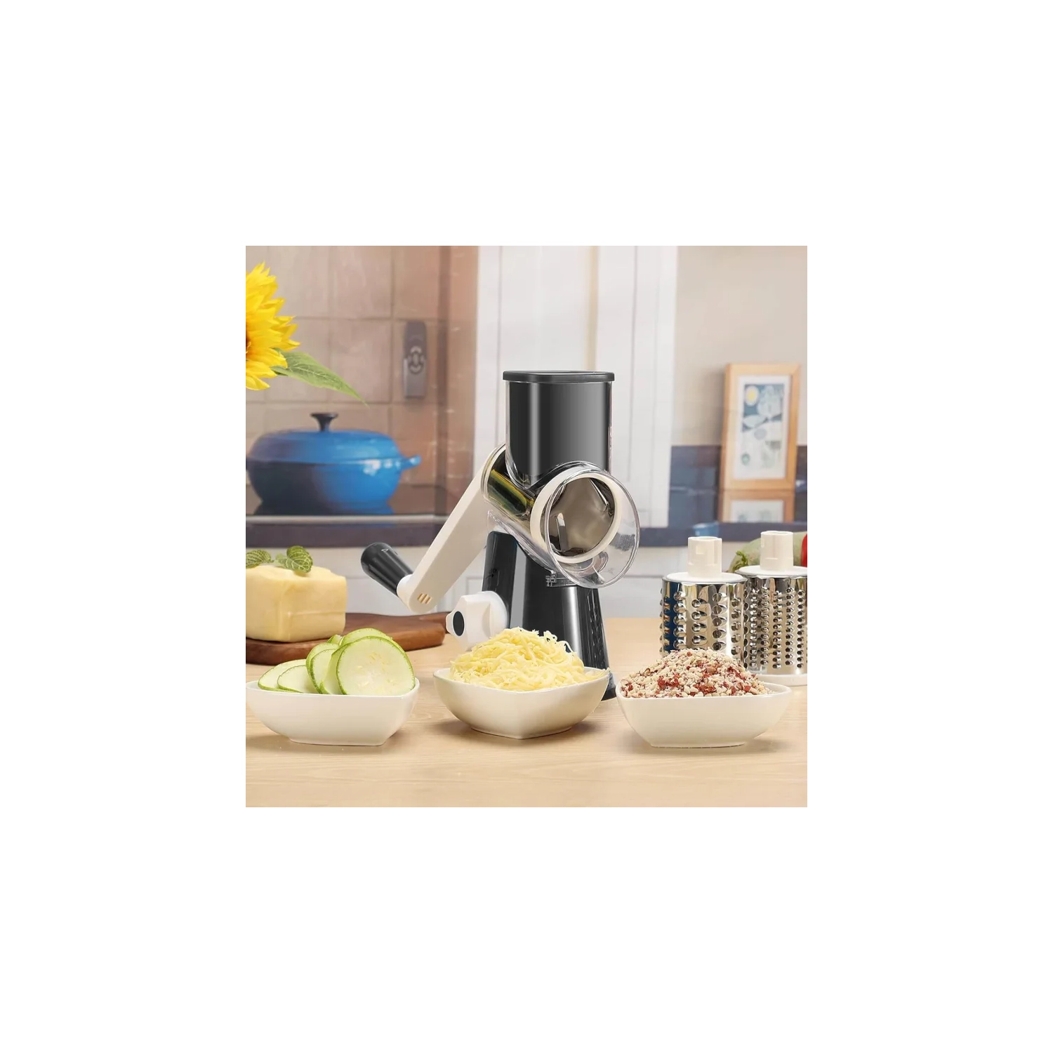 Manual Rotary Cheese Grater - Cambom Kitchen with 3 Drum Blades, Handle, Suction Base - Free Cleaning Brush