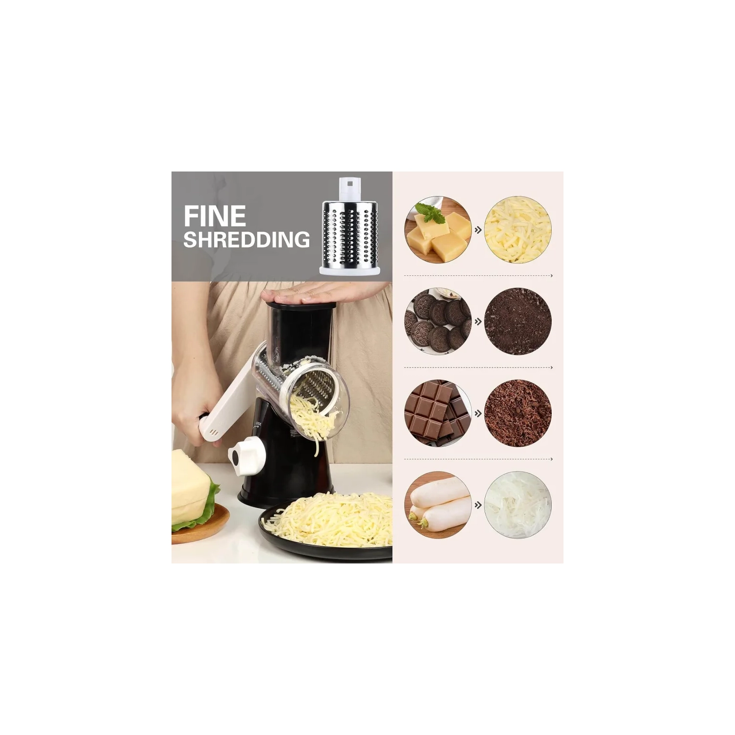 Manual Rotary Cheese Grater - Cambom Kitchen with 3 Drum Blades, Handle, Suction Base - Free Cleaning Brush